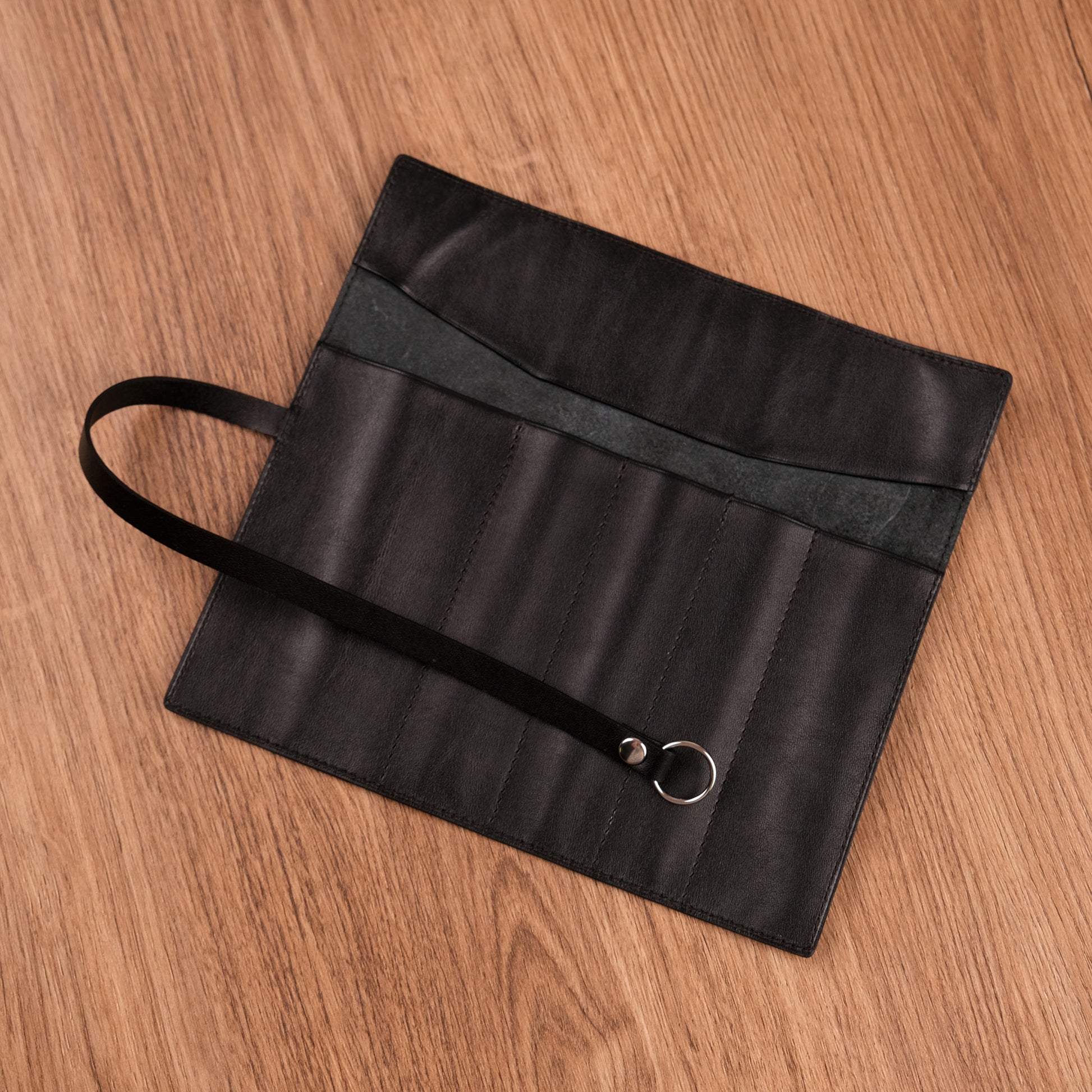 Handmade Black Leather Pen Roll — 5 Slots with Leather Tie