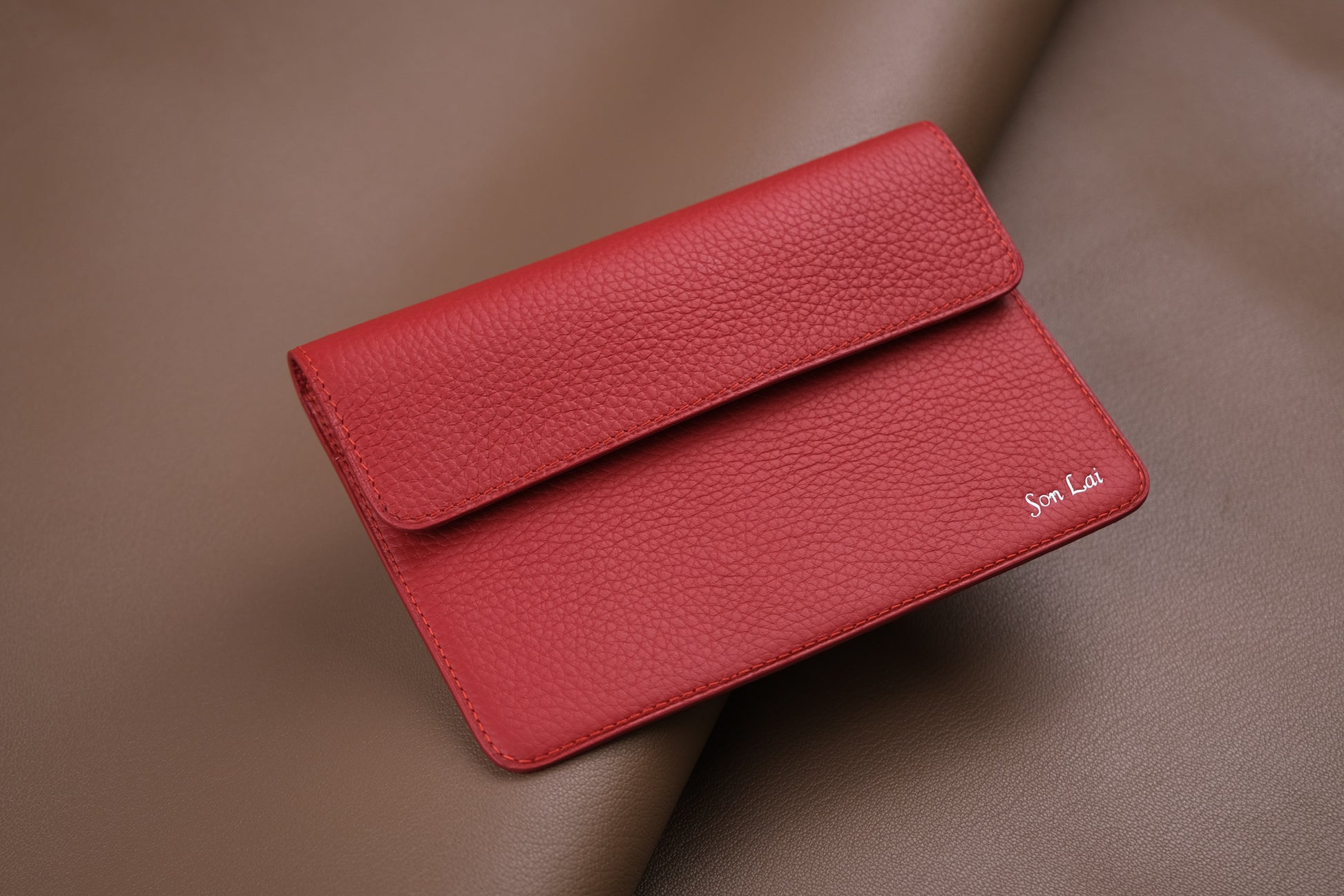 Red Pebbled Leather Travel Document Wallet with Card Slots