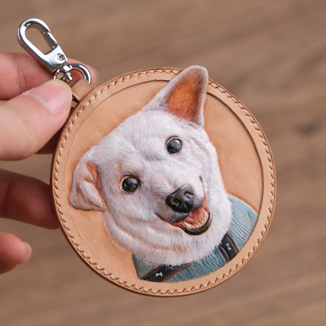 Hand-Carved Pet Portrait Leather Bag Charm from Your Photo