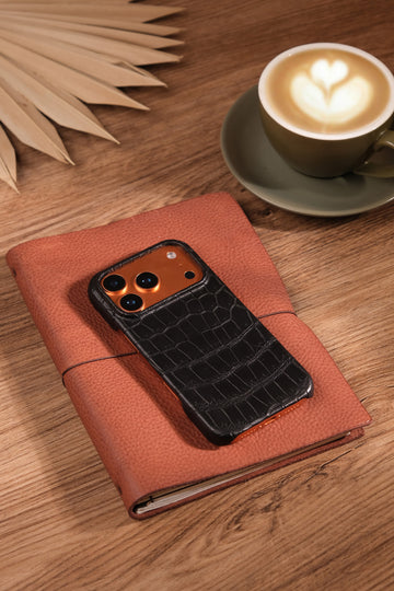 Black Crocodile Leather Phone Case, iPhone 17 Pro