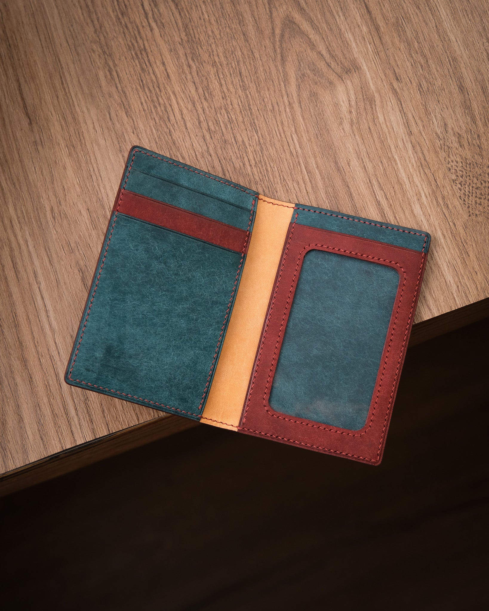Pueblo Leather Vertical Card Wallet with ID Window, Bordeaux