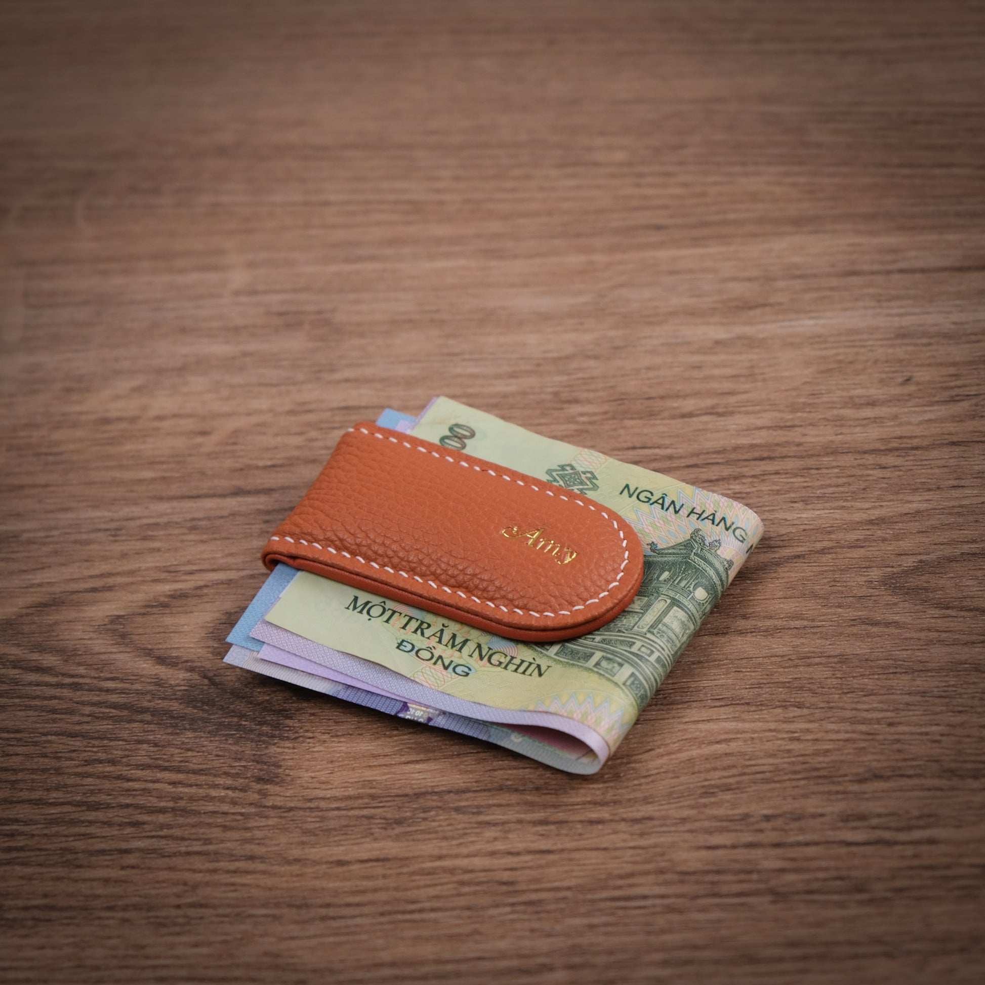 Hand-Stitched Magnetic Leather Money Clip - Pebbled Cognac Tan