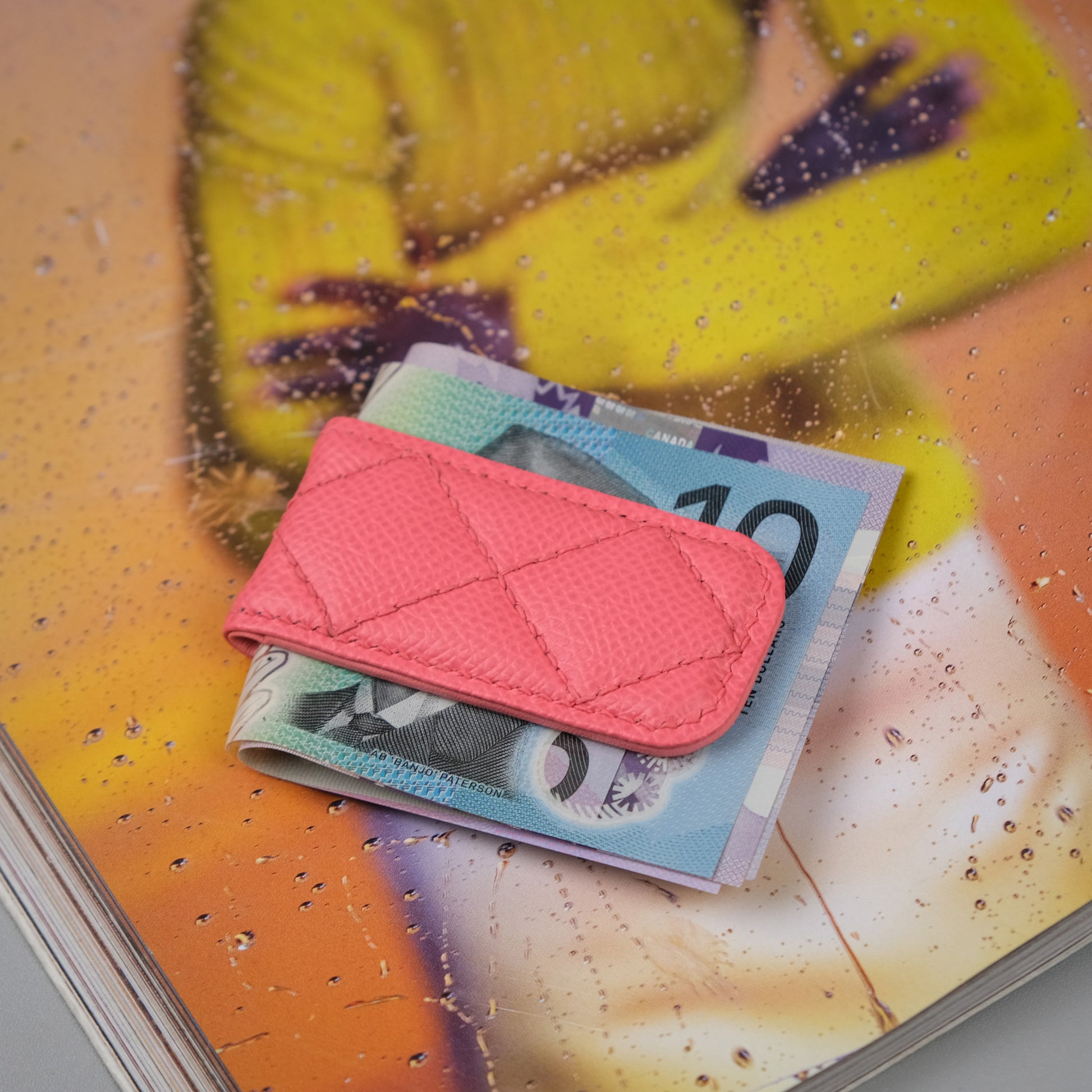 Quilted Leather Money Clip - Coral Pink Epsom Calfskin
