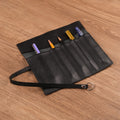 Handmade Black Leather Pen Roll — 5 Slots with Leather Tie