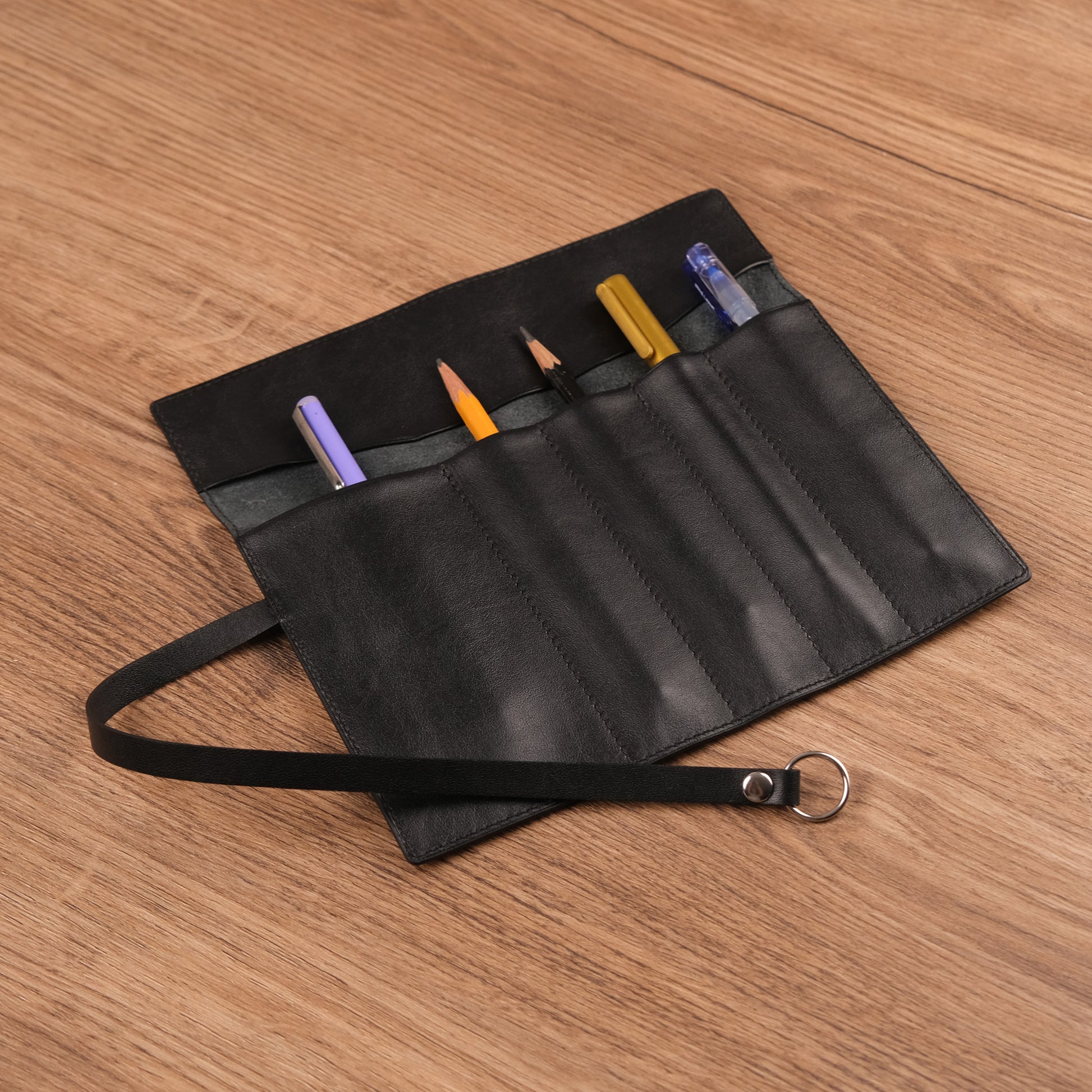 Handmade Black Leather Pen Roll — 5 Slots with Leather Tie