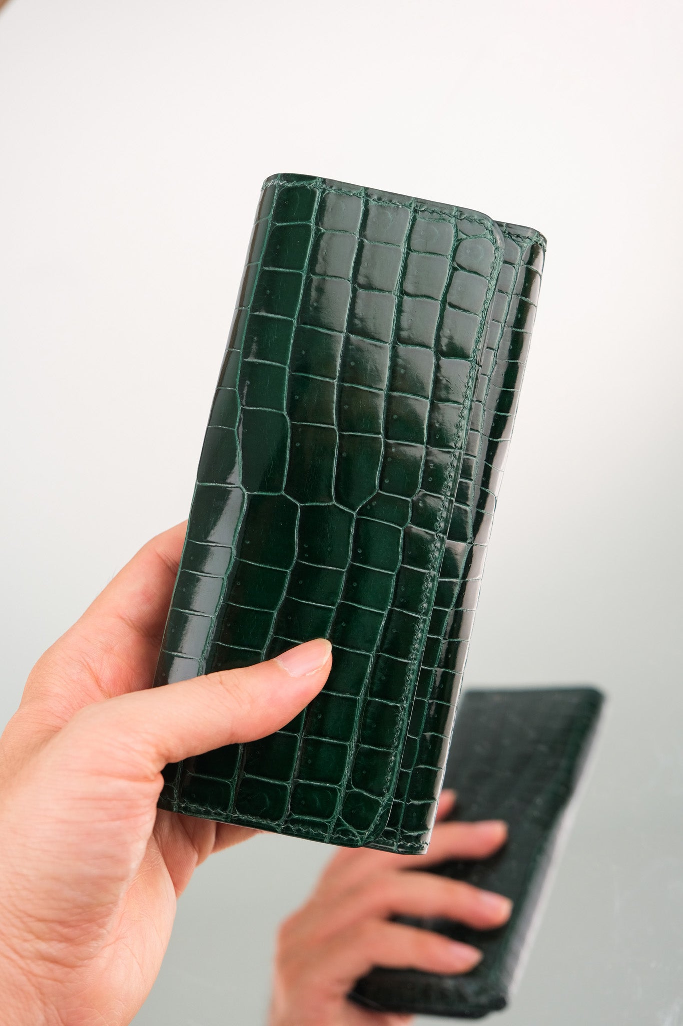 Green Crocodile Leather Long Wallet, Hand-Stitched