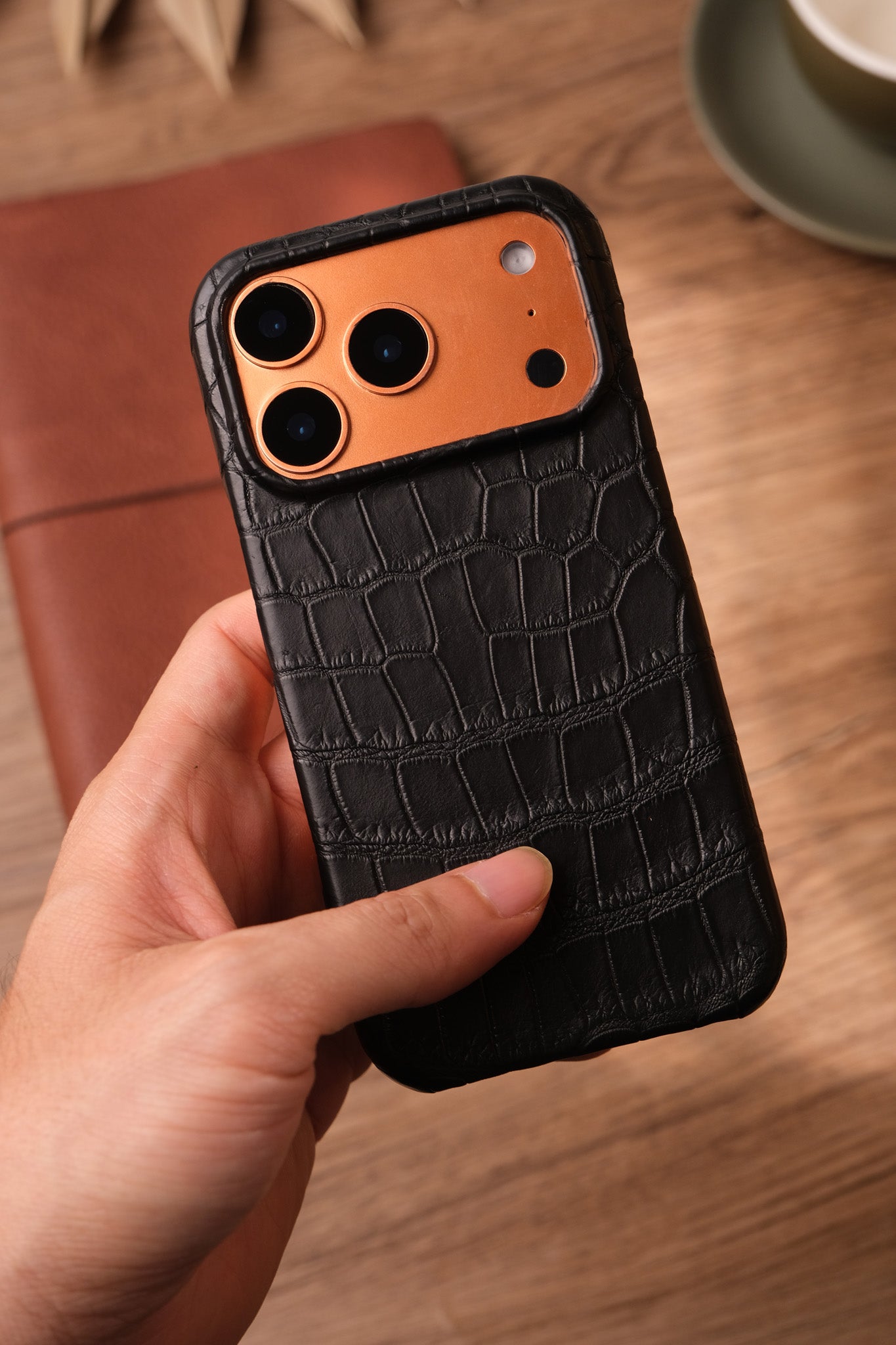 Black Crocodile Leather Phone Case, iPhone 17 Pro