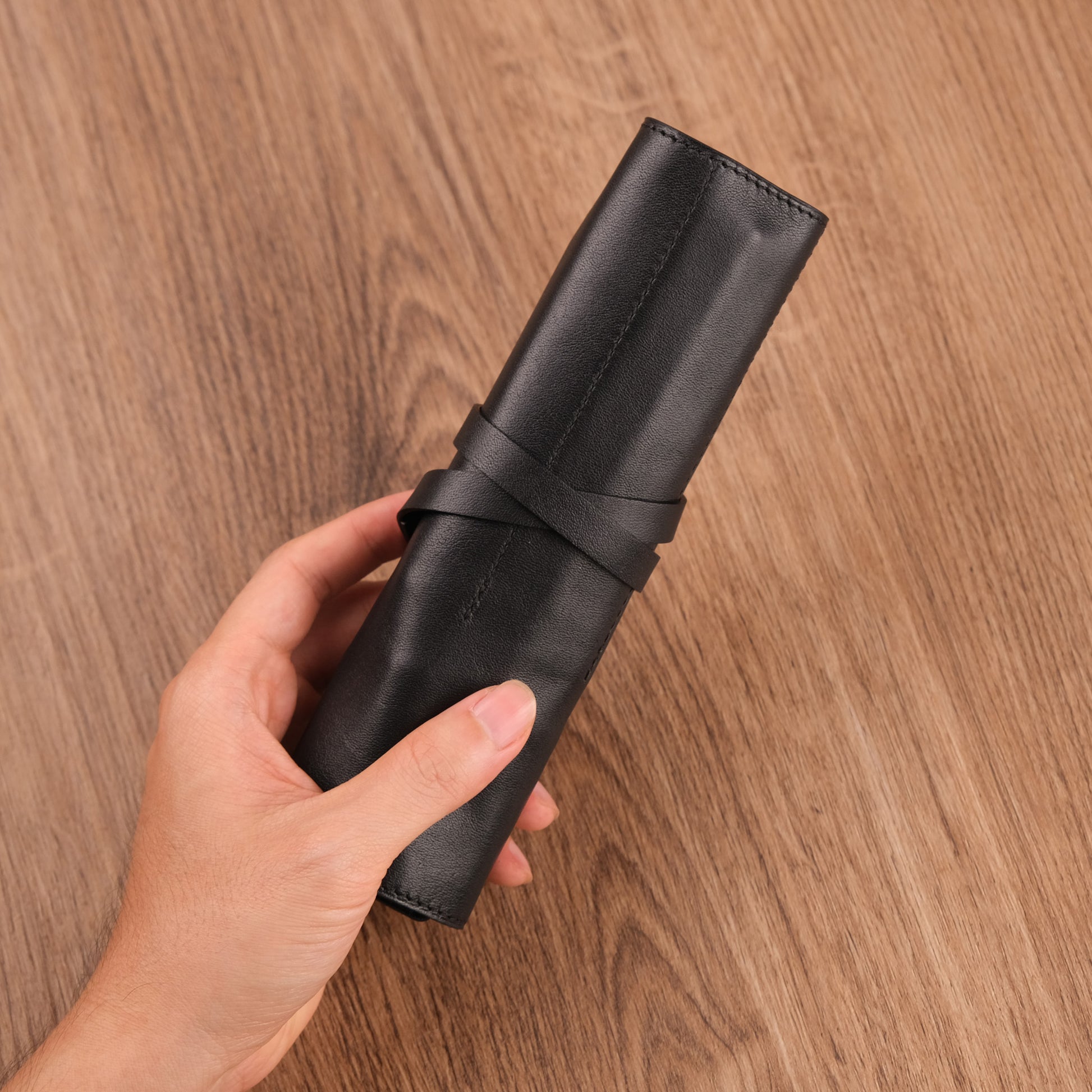 Handmade Black Leather Pen Roll — 5 Slots with Leather Tie