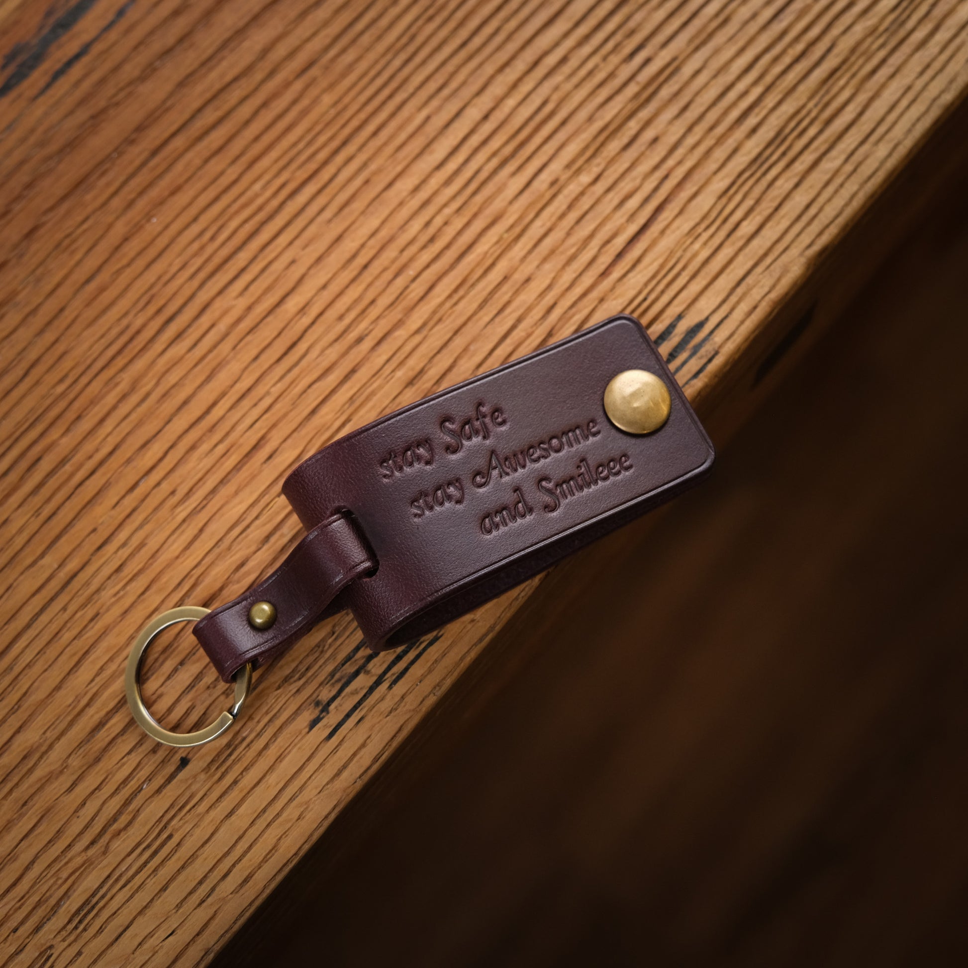 Bordeaux Leather Key Fob & Bag Charm, Brass Ring, Custom Initial