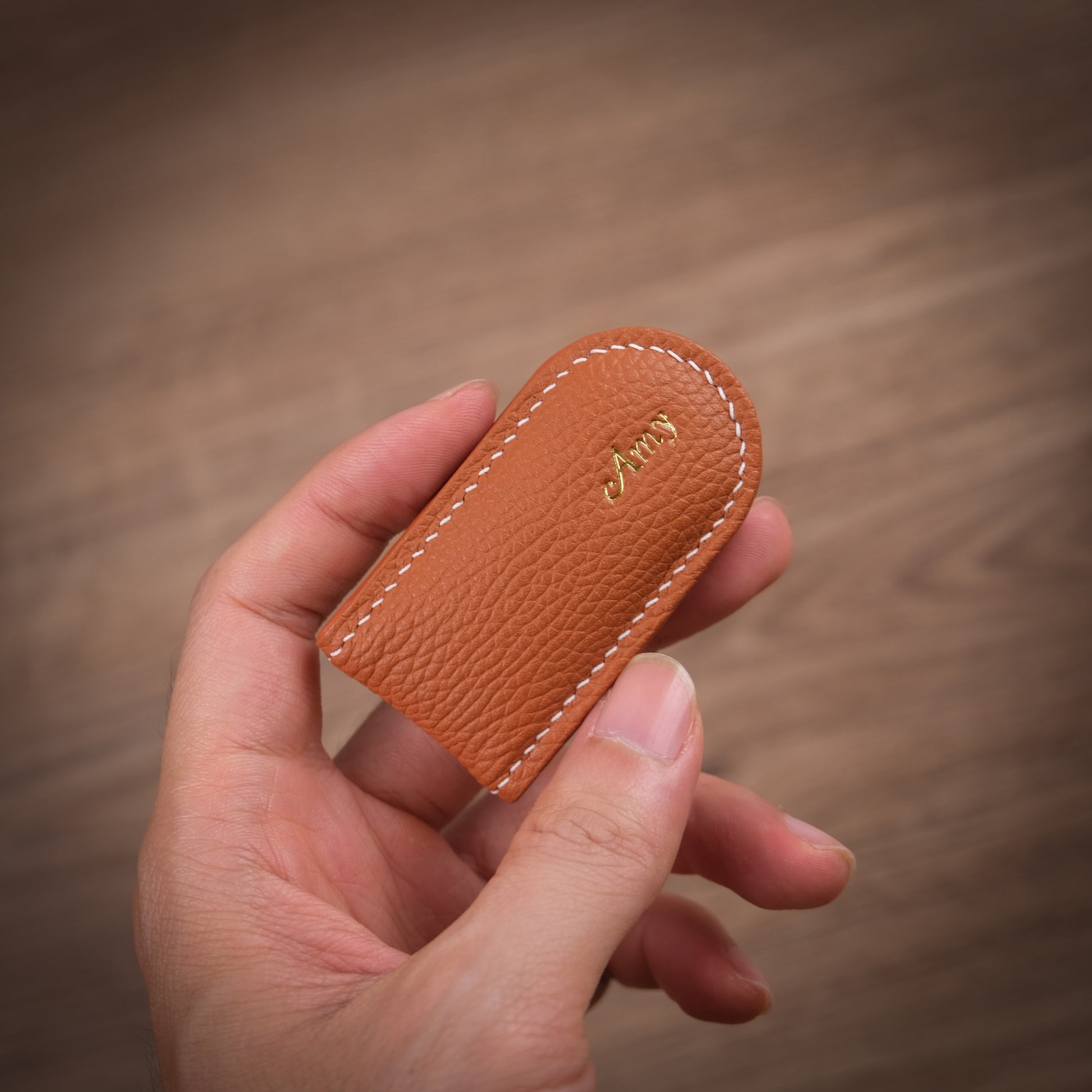 Hand-Stitched Magnetic Leather Money Clip - Pebbled Cognac Tan