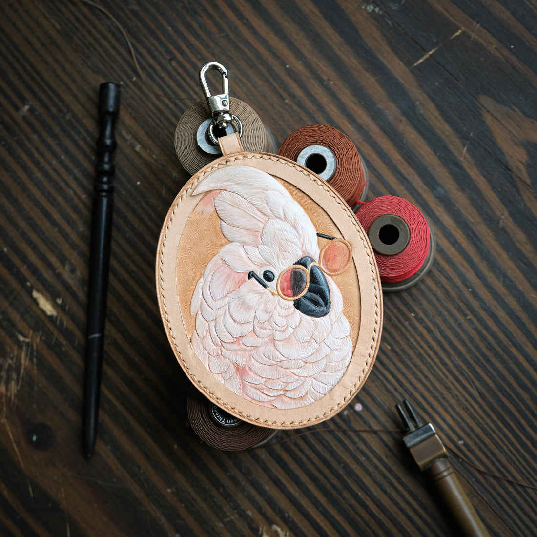Cockatoo in Sunglasses Hand-Carved Leather Bag Charm