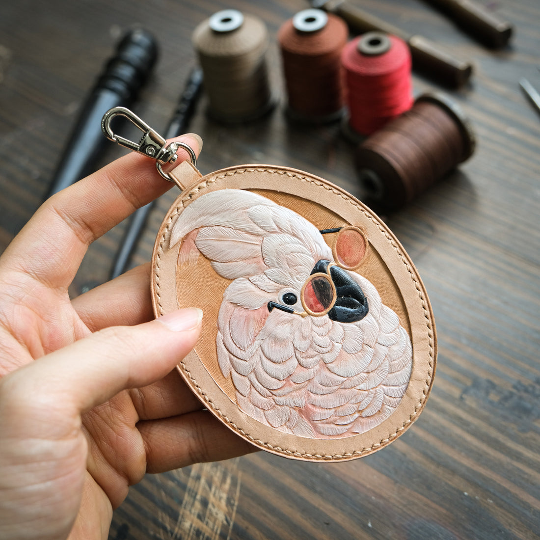 Cockatoo in Sunglasses Hand-Carved Leather Bag Charm