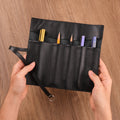Handmade Black Leather Pen Roll — 5 Slots with Leather Tie
