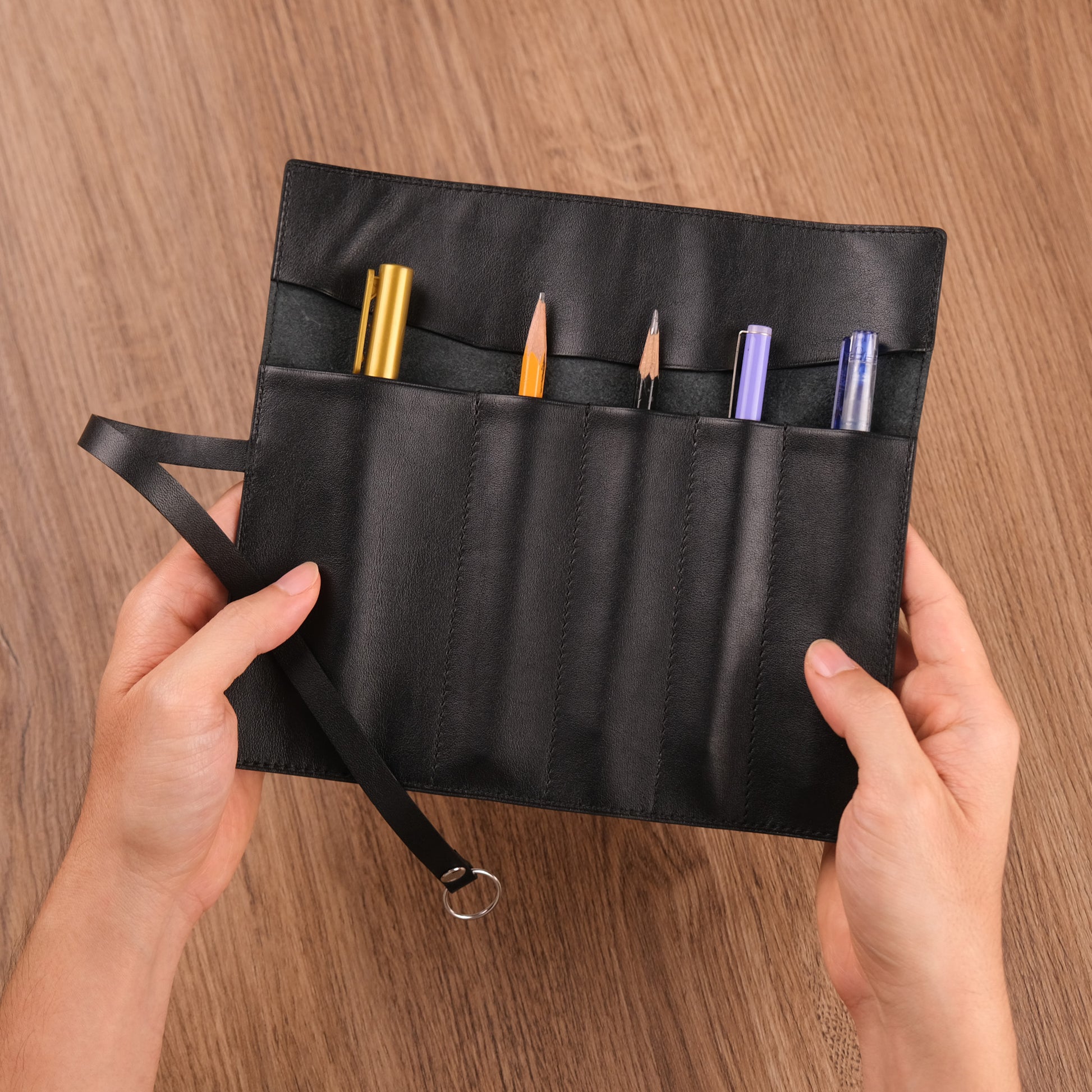 Handmade Black Leather Pen Roll — 5 Slots with Leather Tie