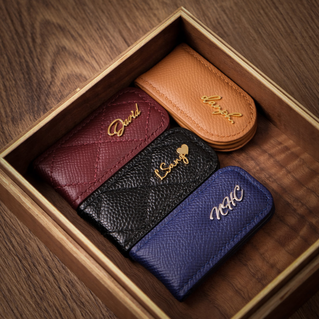 Magnetic Leather Money Clip with Metal Name Script