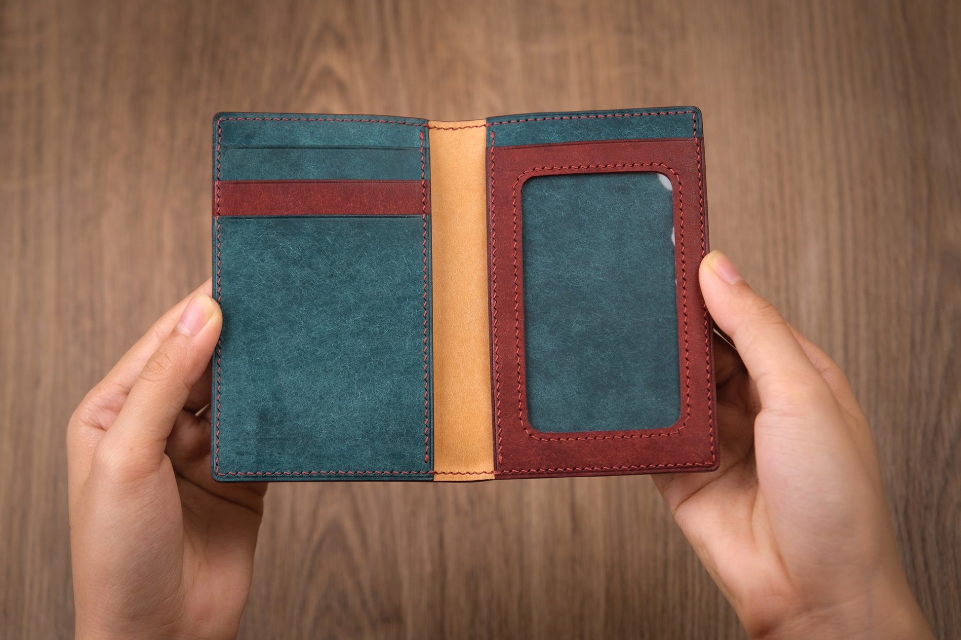 Pueblo Leather Vertical Card Wallet with ID Window, Bordeaux