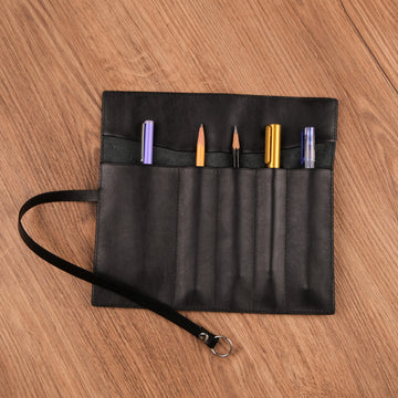 Handmade Black Leather Pen Roll — 5 Slots with Leather Tie