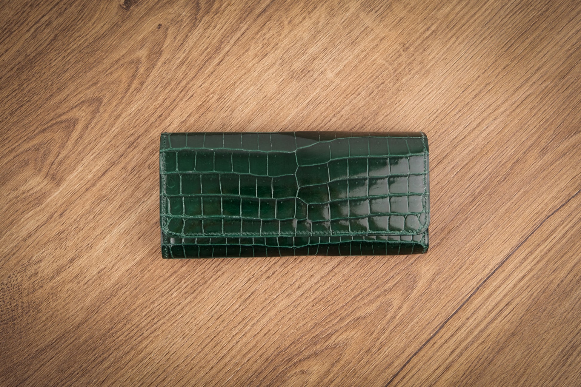Green Crocodile Leather Long Wallet, Hand-Stitched