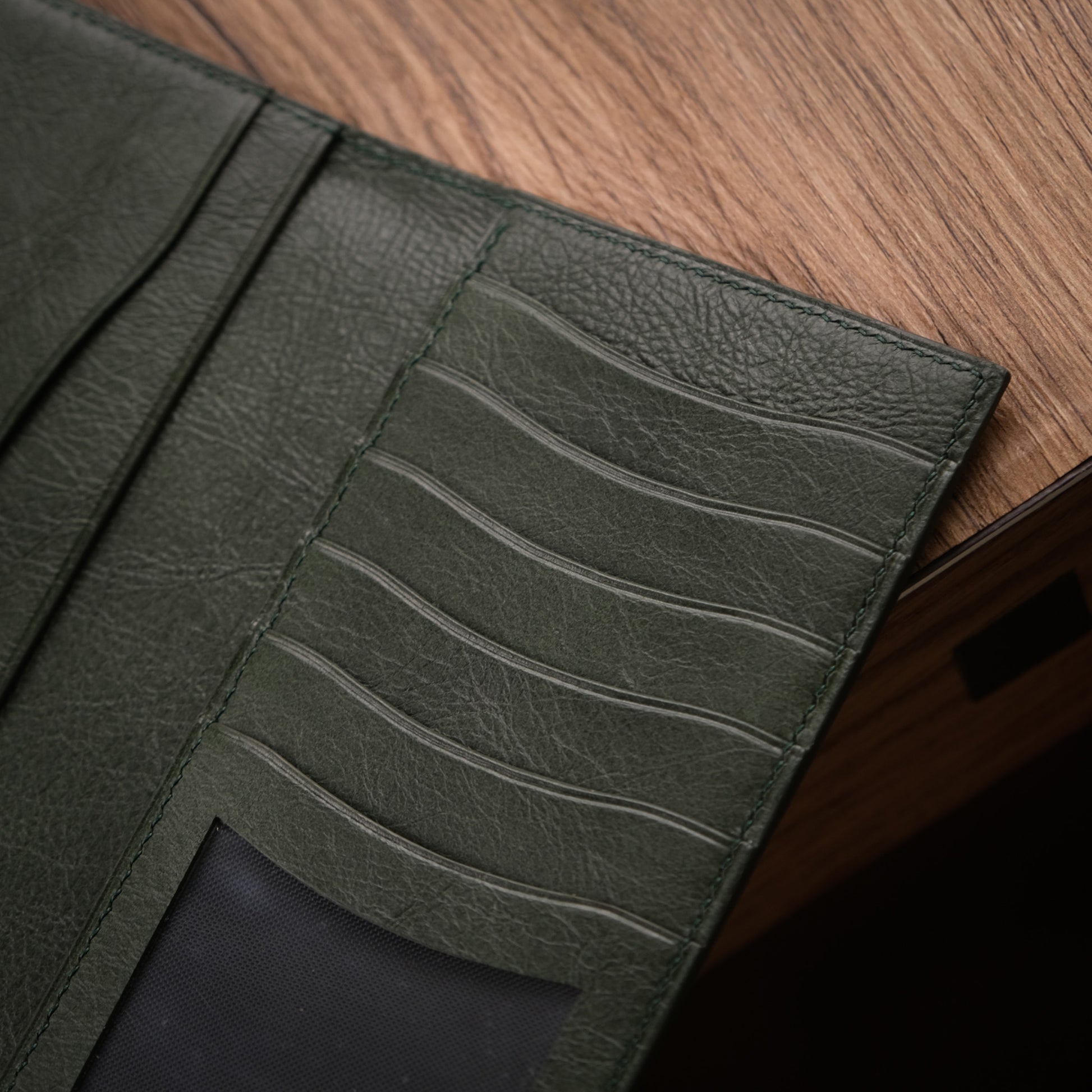 Olive Green Leather Long Wallet — 7 Card Slots & ID Window