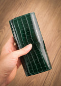 Green Crocodile Leather Long Wallet, Hand-Stitched