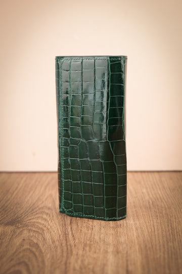 Green Crocodile Leather Long Wallet, Hand-Stitched