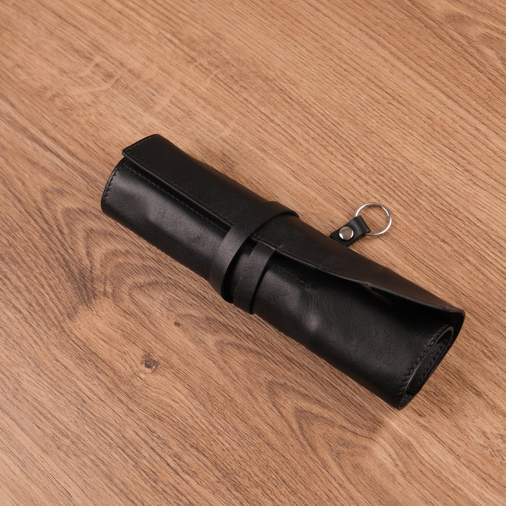 Handmade Black Leather Pen Roll — 5 Slots with Leather Tie