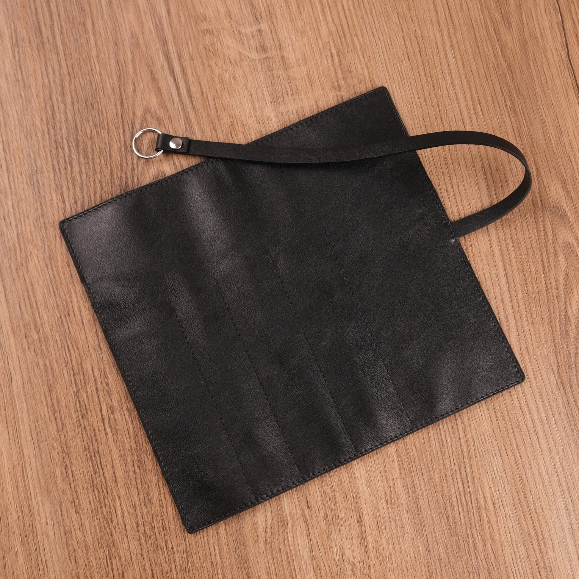 Handmade Black Leather Pen Roll — 5 Slots with Leather Tie