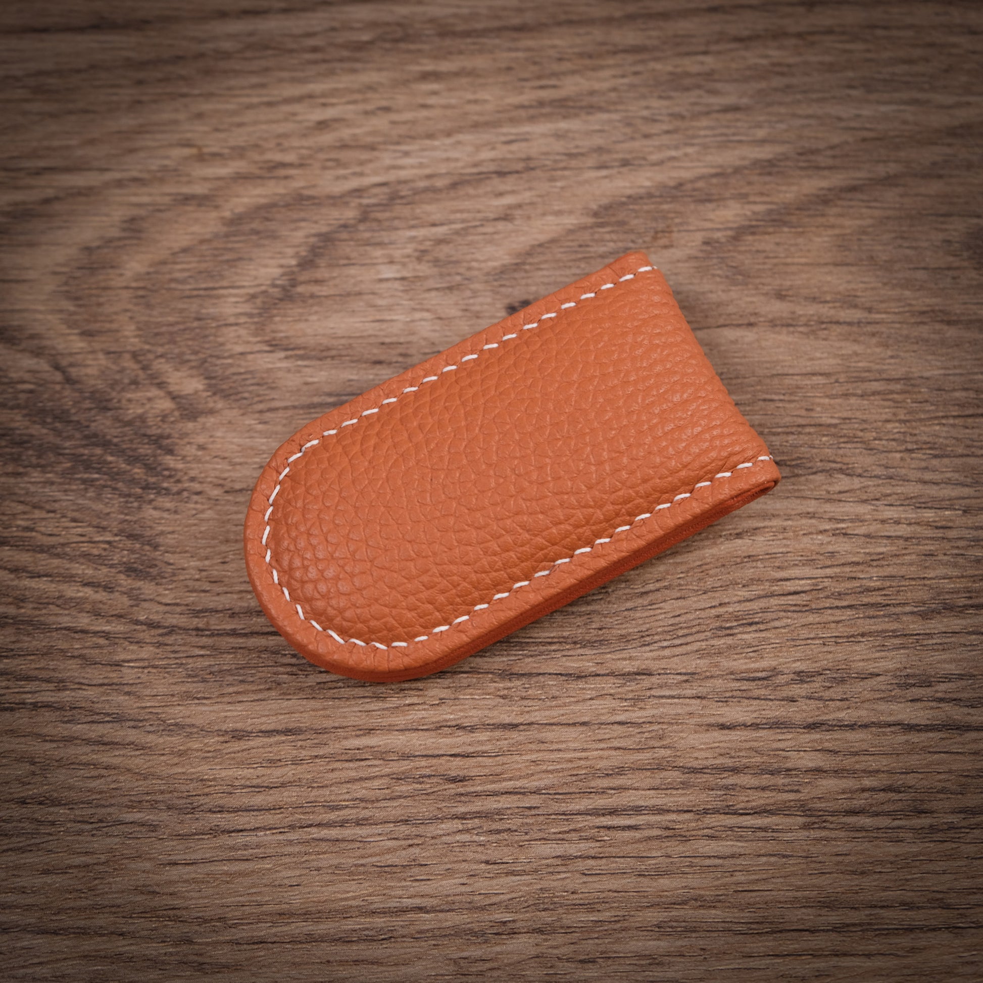 Hand-Stitched Magnetic Leather Money Clip - Pebbled Cognac Tan