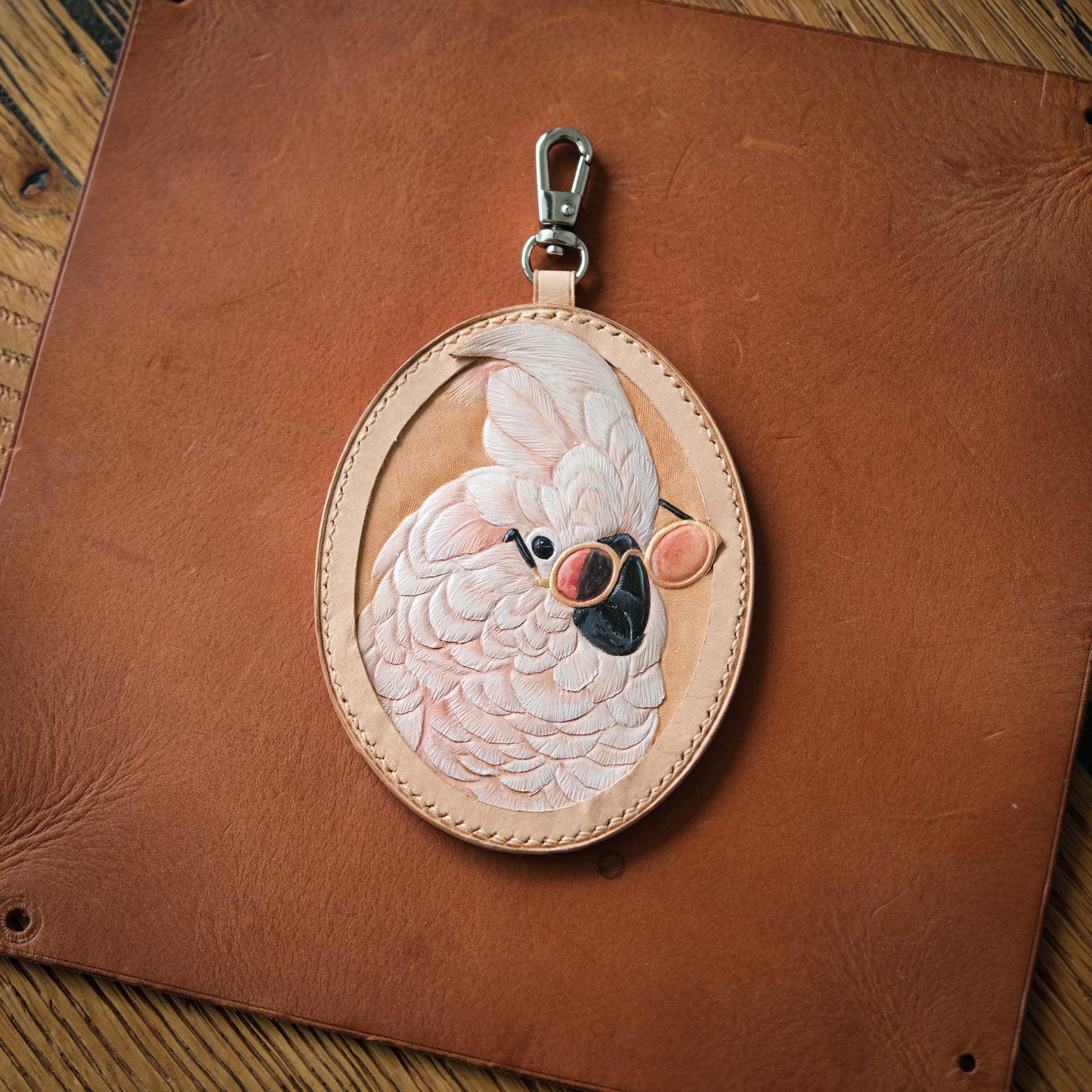 Cockatoo in Sunglasses Hand-Carved Leather Bag Charm