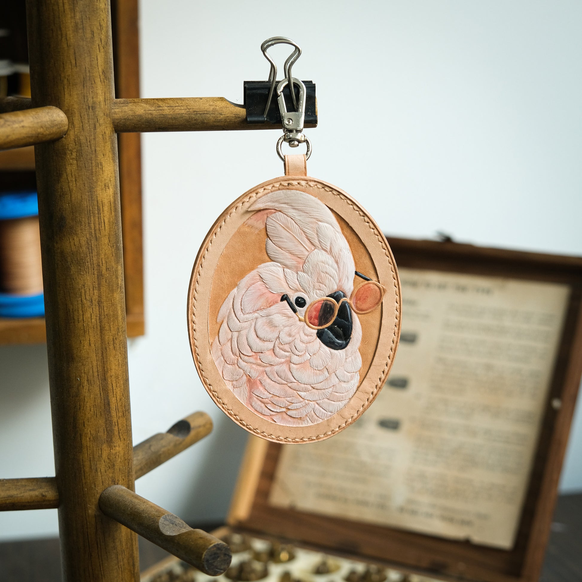 Cockatoo in Sunglasses Hand-Carved Leather Bag Charm