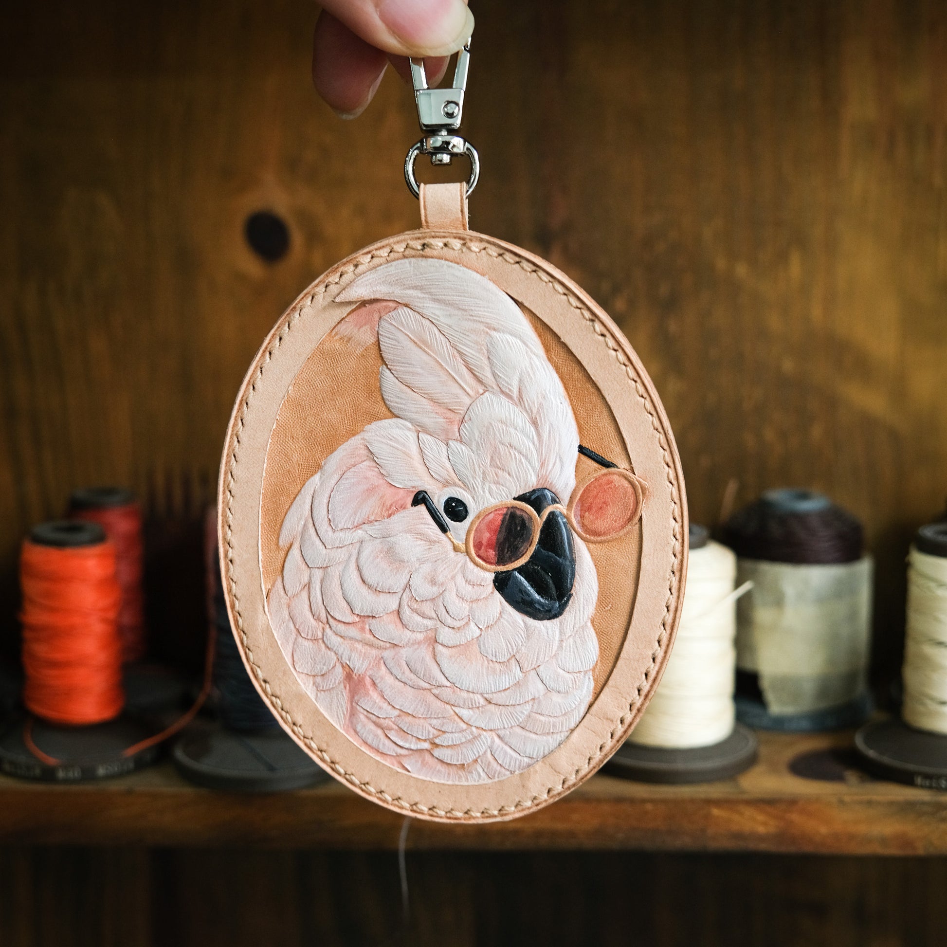 Cockatoo in Sunglasses Hand-Carved Leather Bag Charm