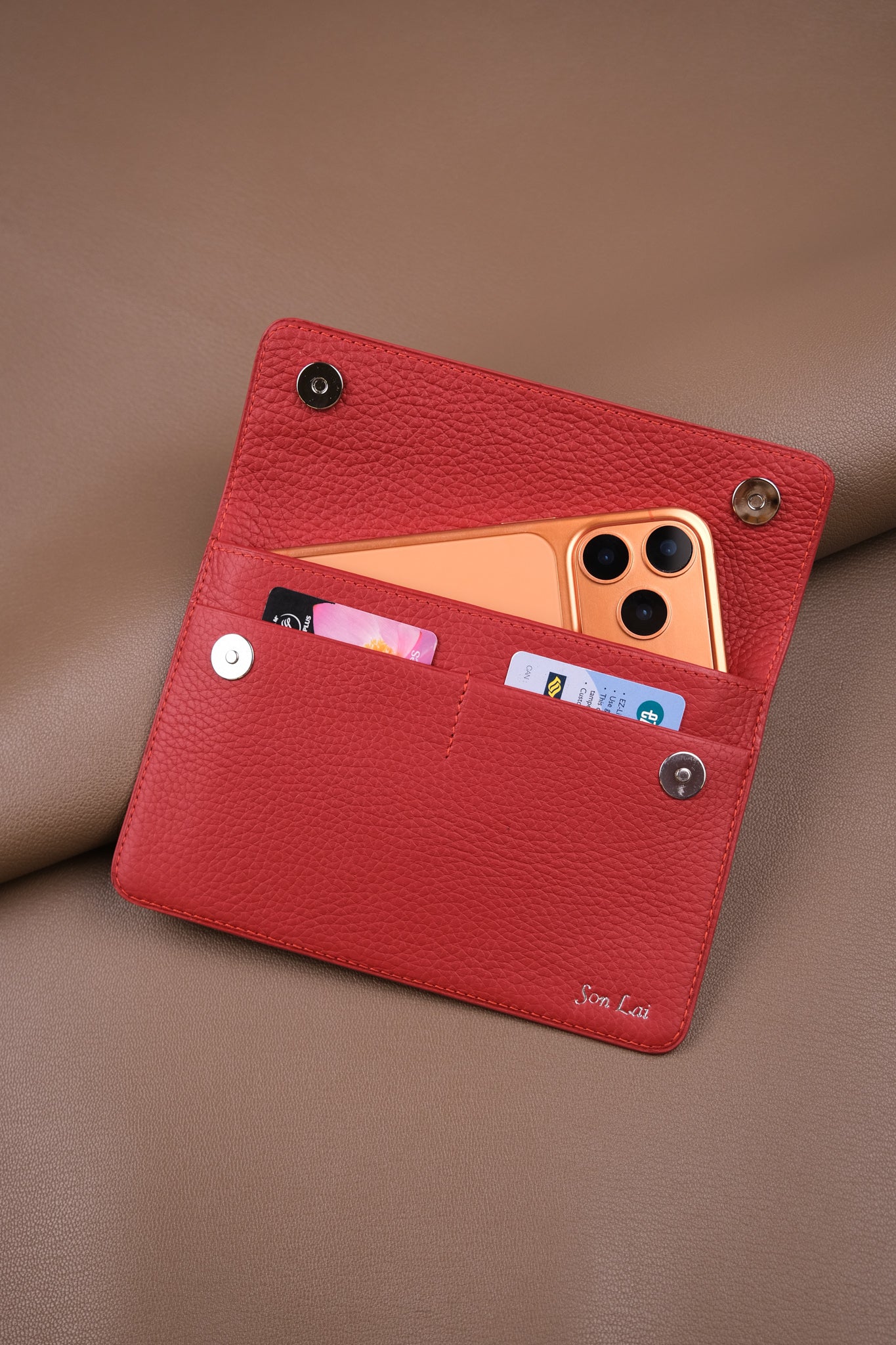 Red Pebbled Leather Travel Document Wallet with Card Slots
