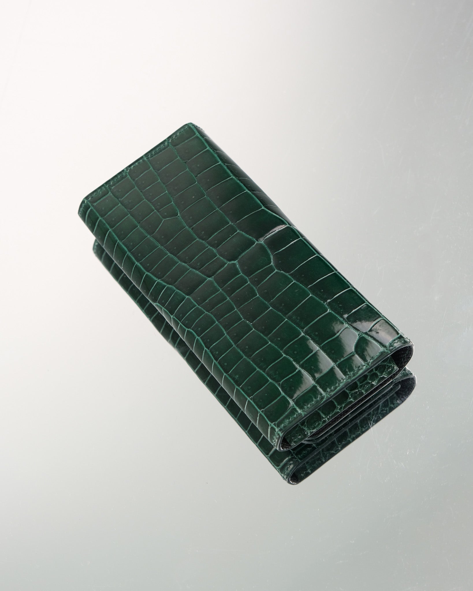 Green Crocodile Leather Long Wallet, Hand-Stitched