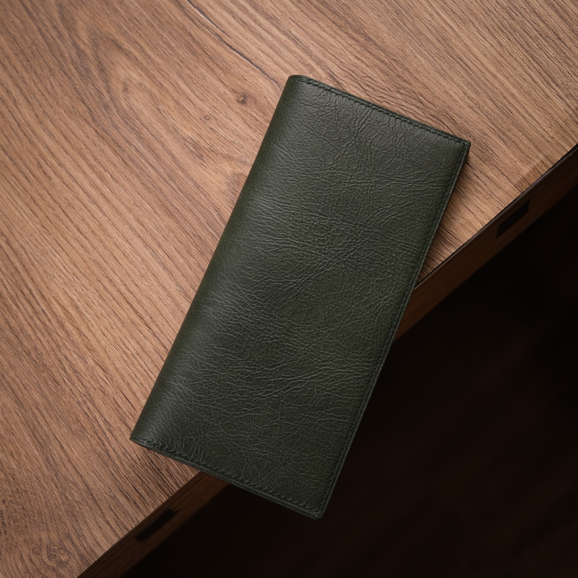 Olive Green Leather Long Wallet — 7 Card Slots & ID Window
