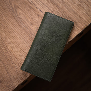 Olive Green Leather Long Wallet — 7 Card Slots & ID Window