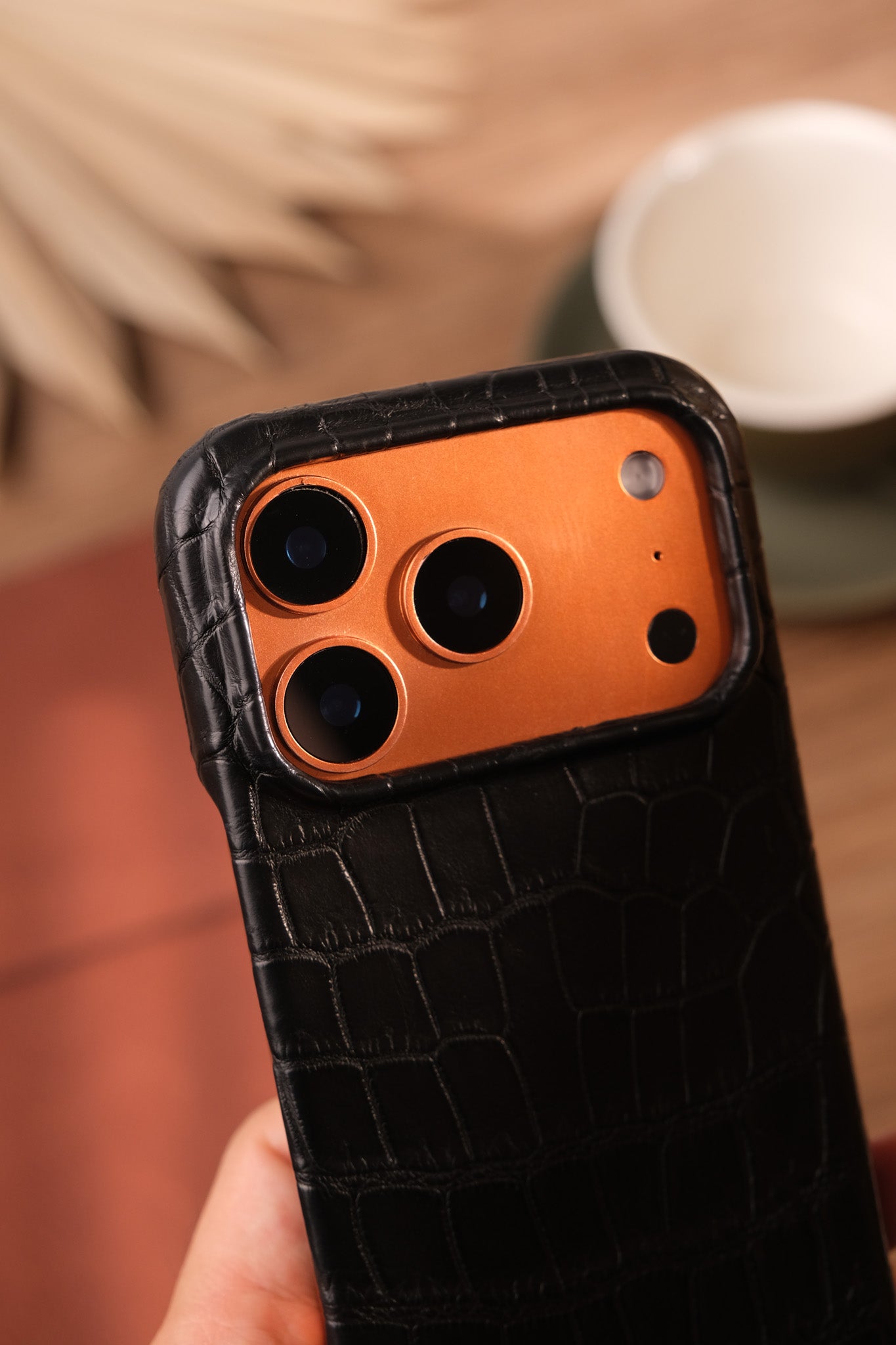Black Crocodile Leather Phone Case, iPhone 17 Pro