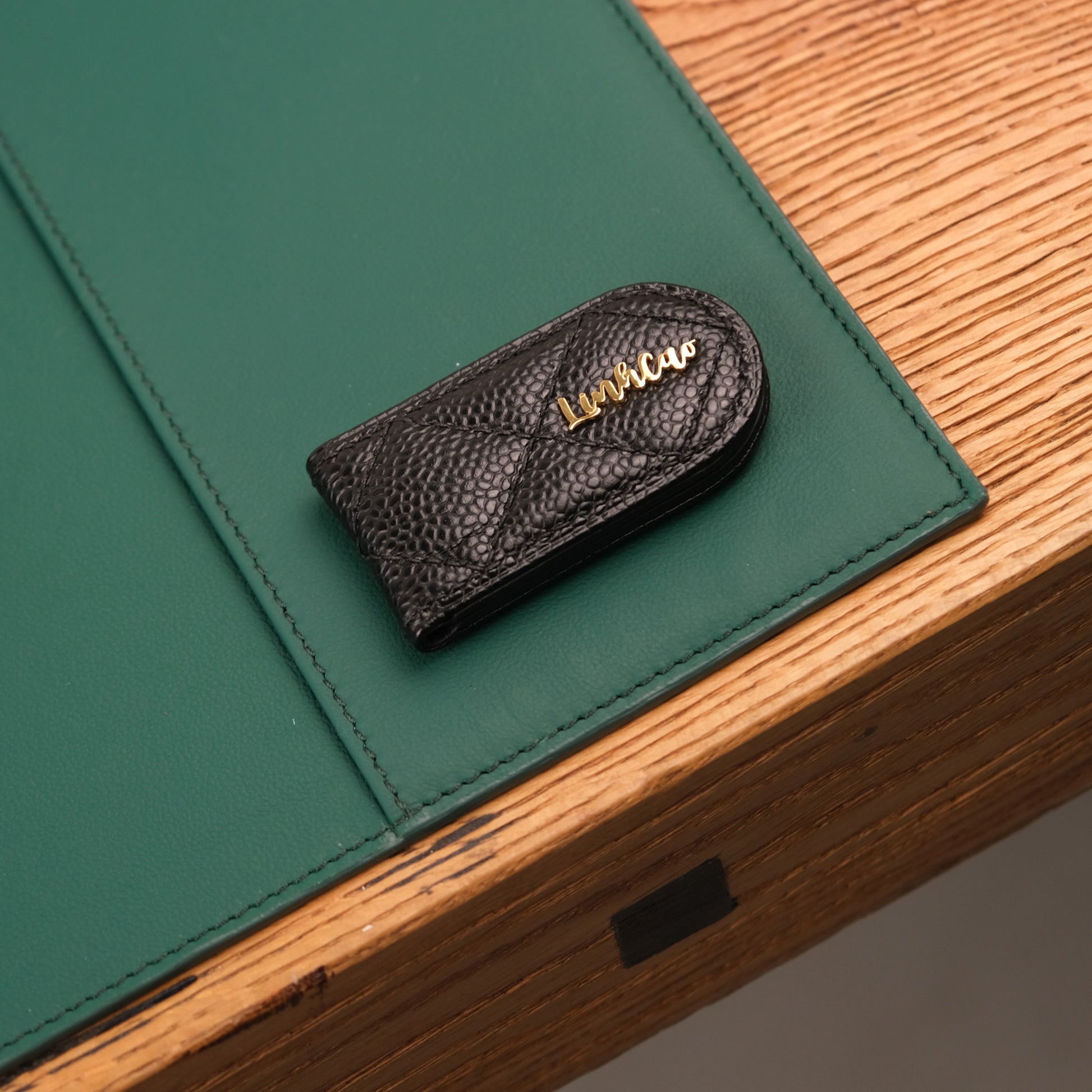 Quilted Leather Money Clip with Personalized Name Plate