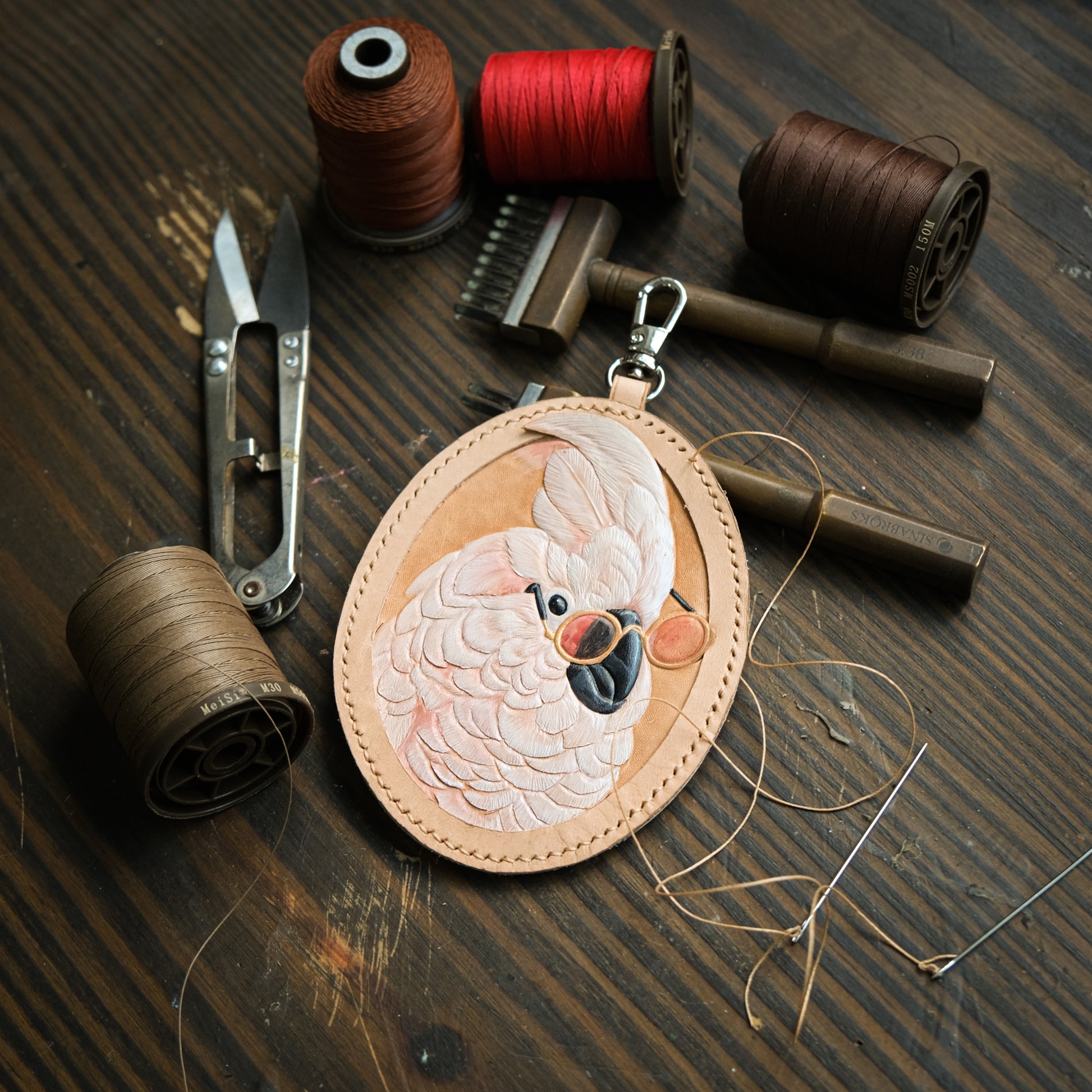 Cockatoo in Sunglasses Hand-Carved Leather Bag Charm