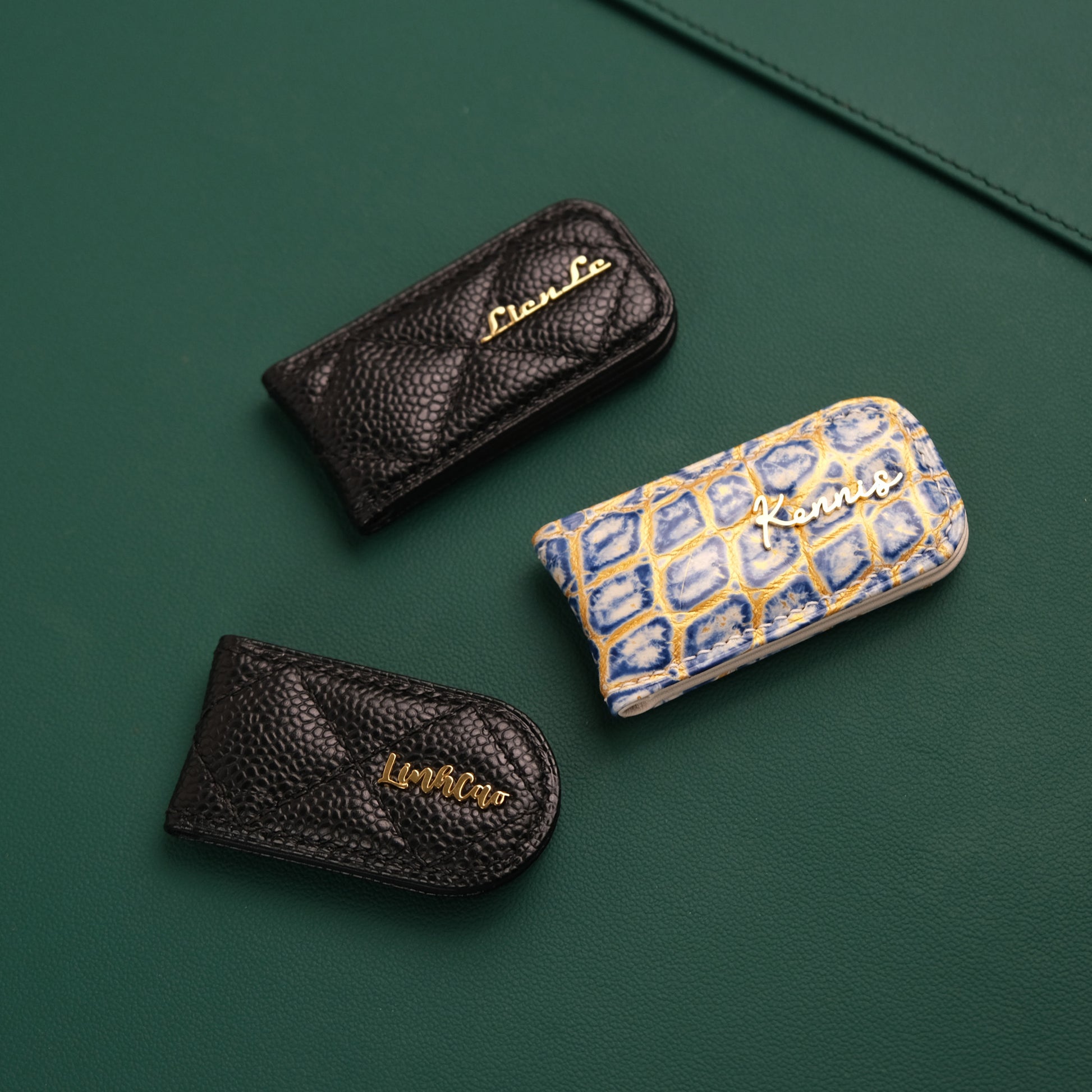 Quilted Leather Money Clip with Personalized Name Plate