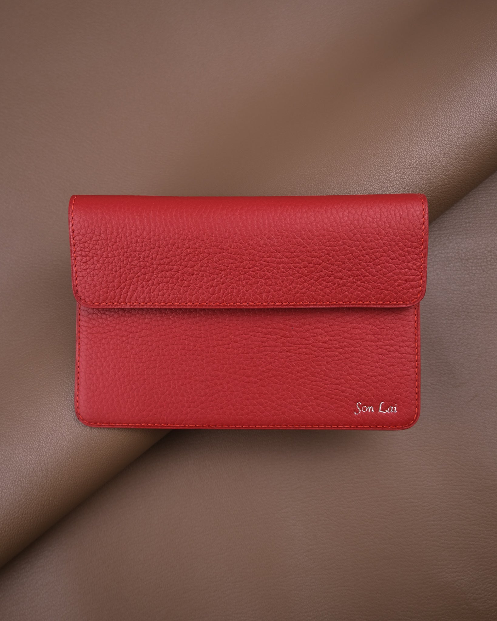 Red Pebbled Leather Travel Document Wallet with Card Slots
