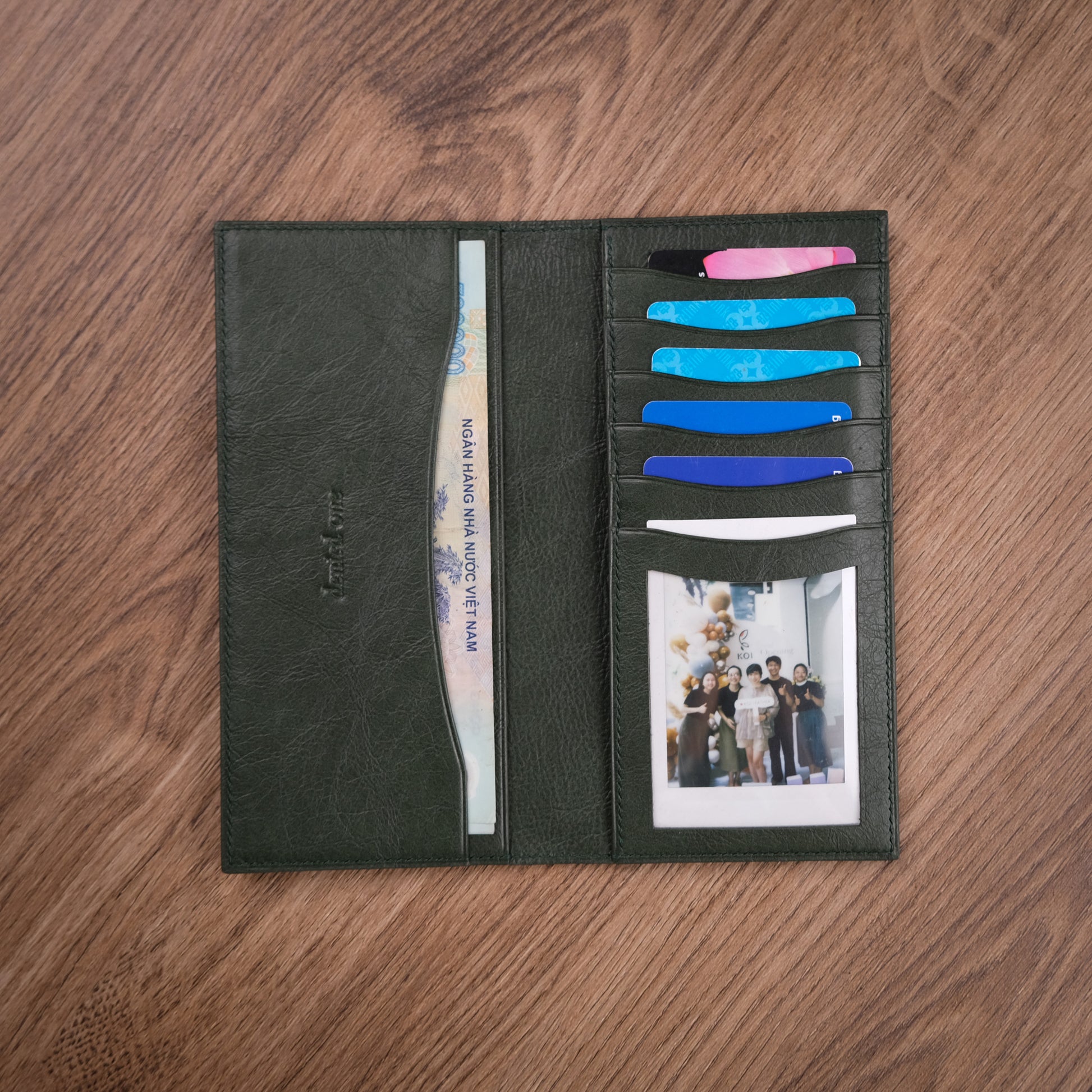 Olive Green Leather Long Wallet — 7 Card Slots & ID Window