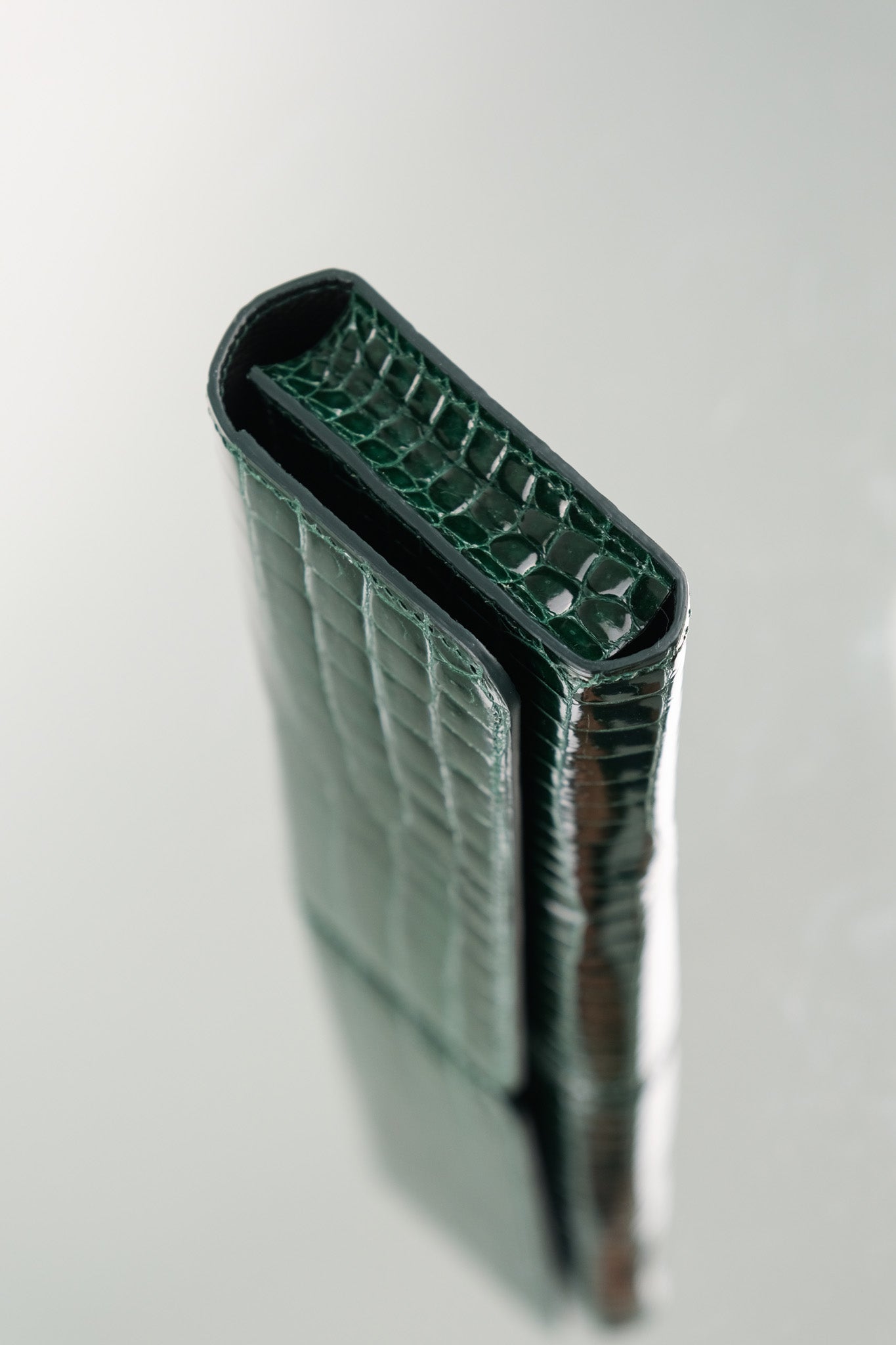Green Crocodile Leather Long Wallet, Hand-Stitched