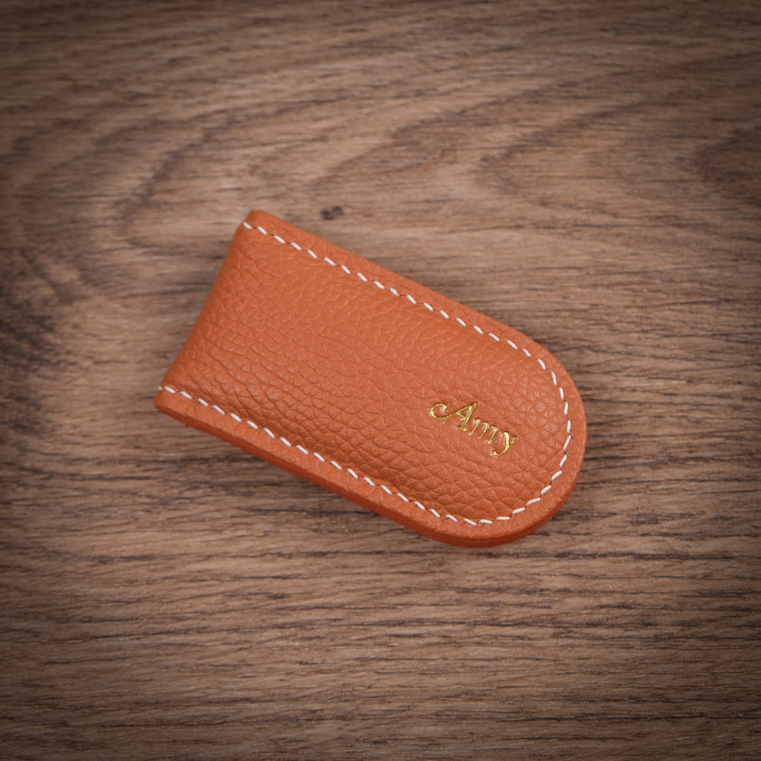 Hand-Stitched Magnetic Leather Money Clip - Pebbled Cognac Tan