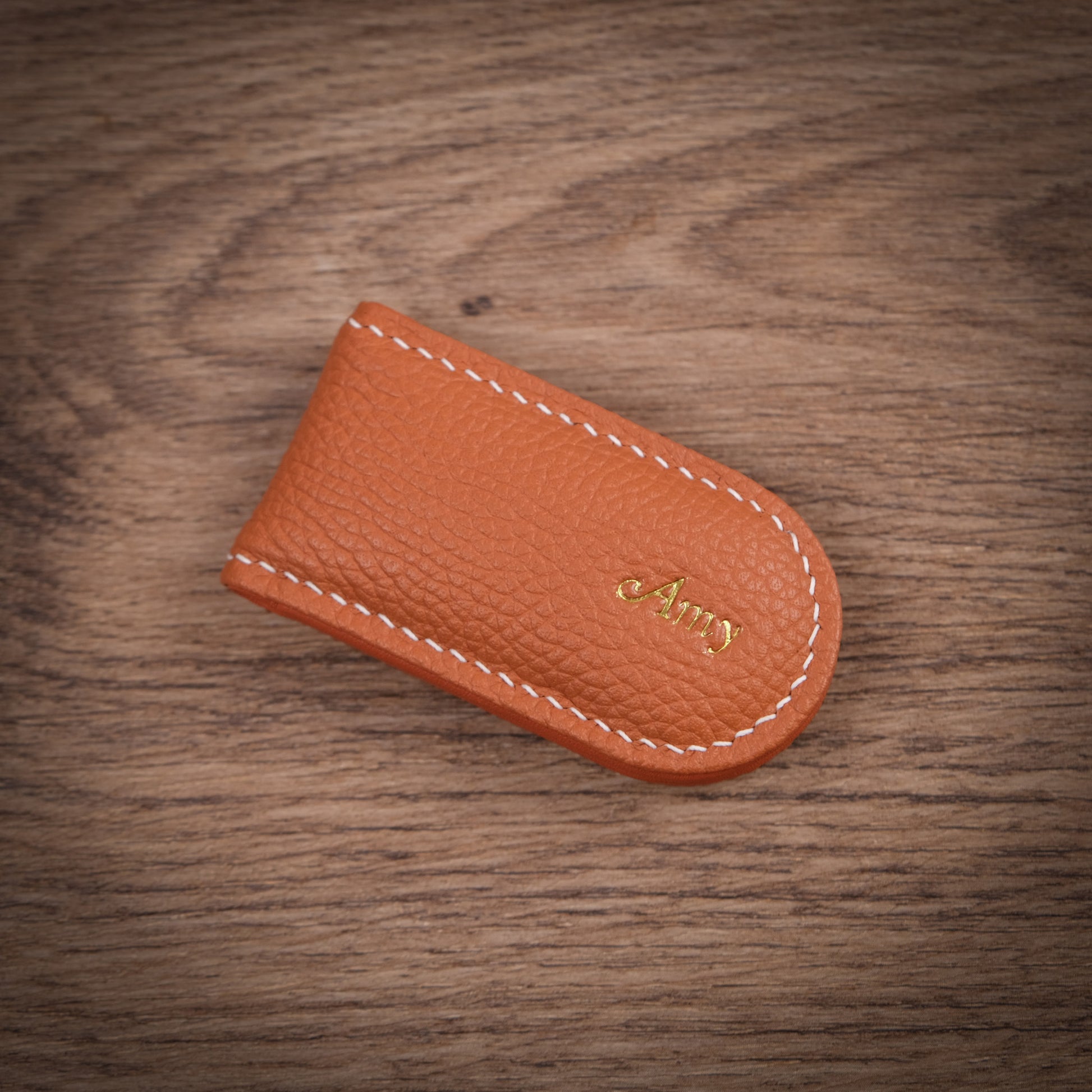 Hand-Stitched Magnetic Leather Money Clip - Pebbled Cognac Tan