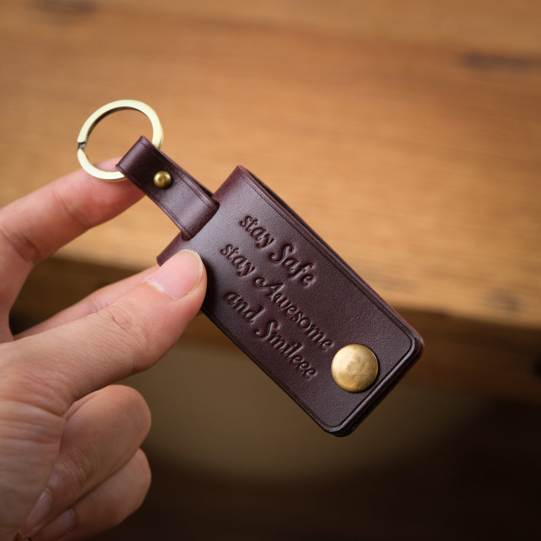 Bordeaux Leather Key Fob & Bag Charm, Brass Ring, Custom Initial