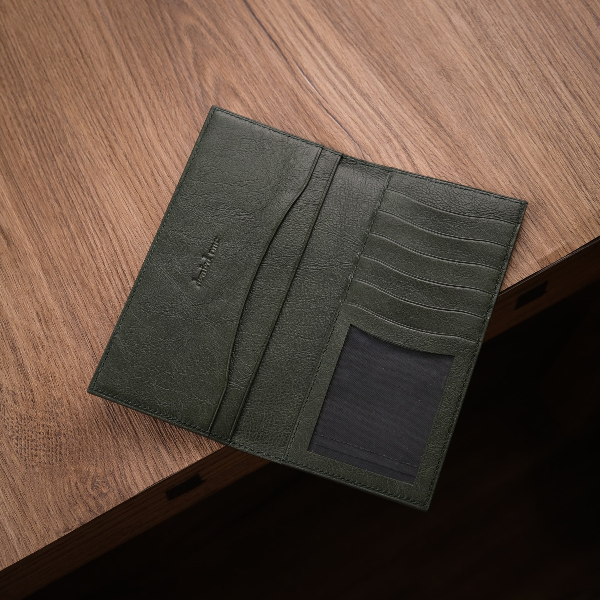 Olive Green Leather Long Wallet — 7 Card Slots & ID Window