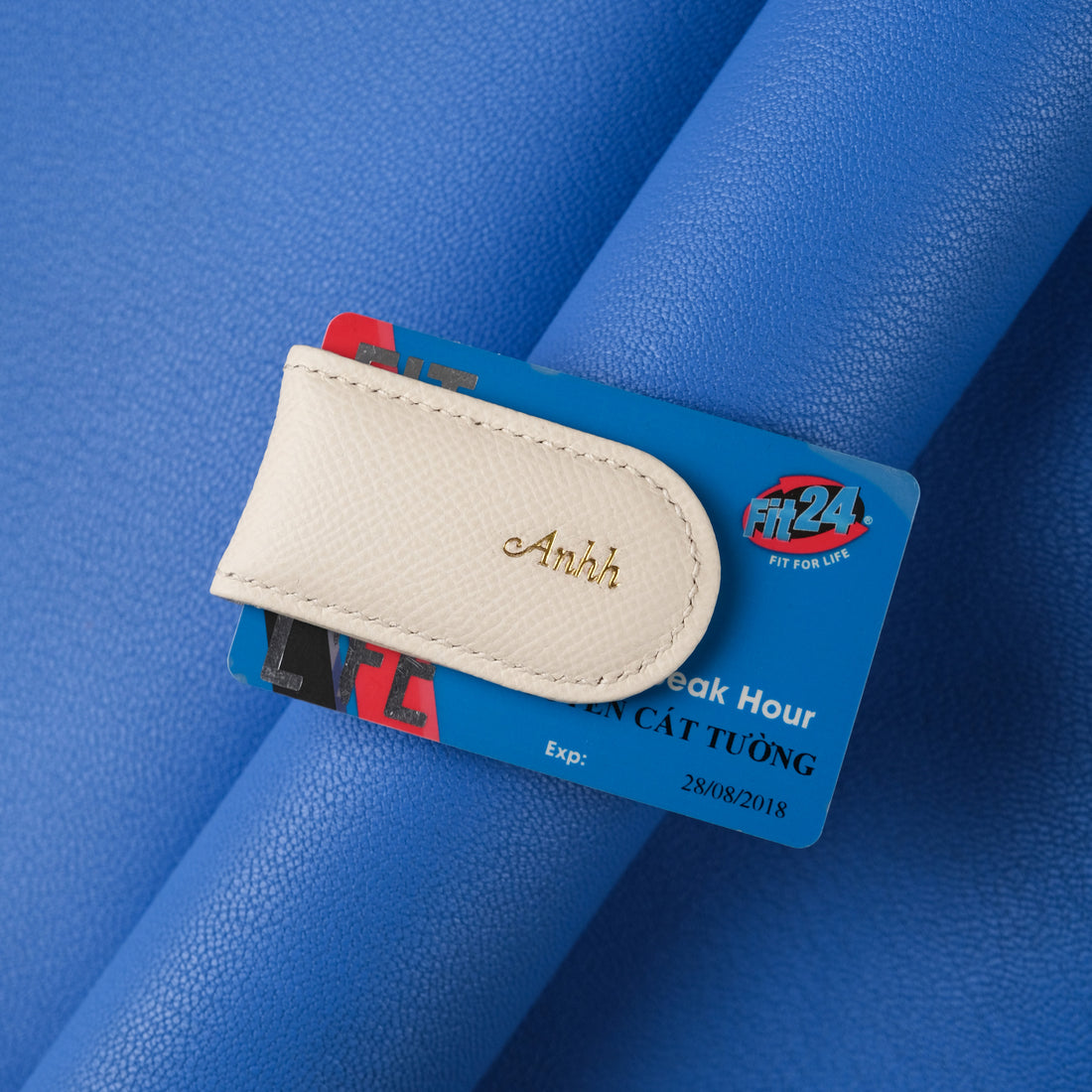 Personalized Leather Magnetic Money Clip, Cream Calfskin