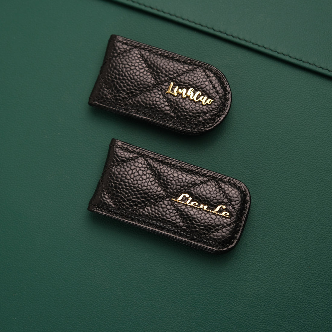Quilted Leather Money Clip with Personalized Name Plate