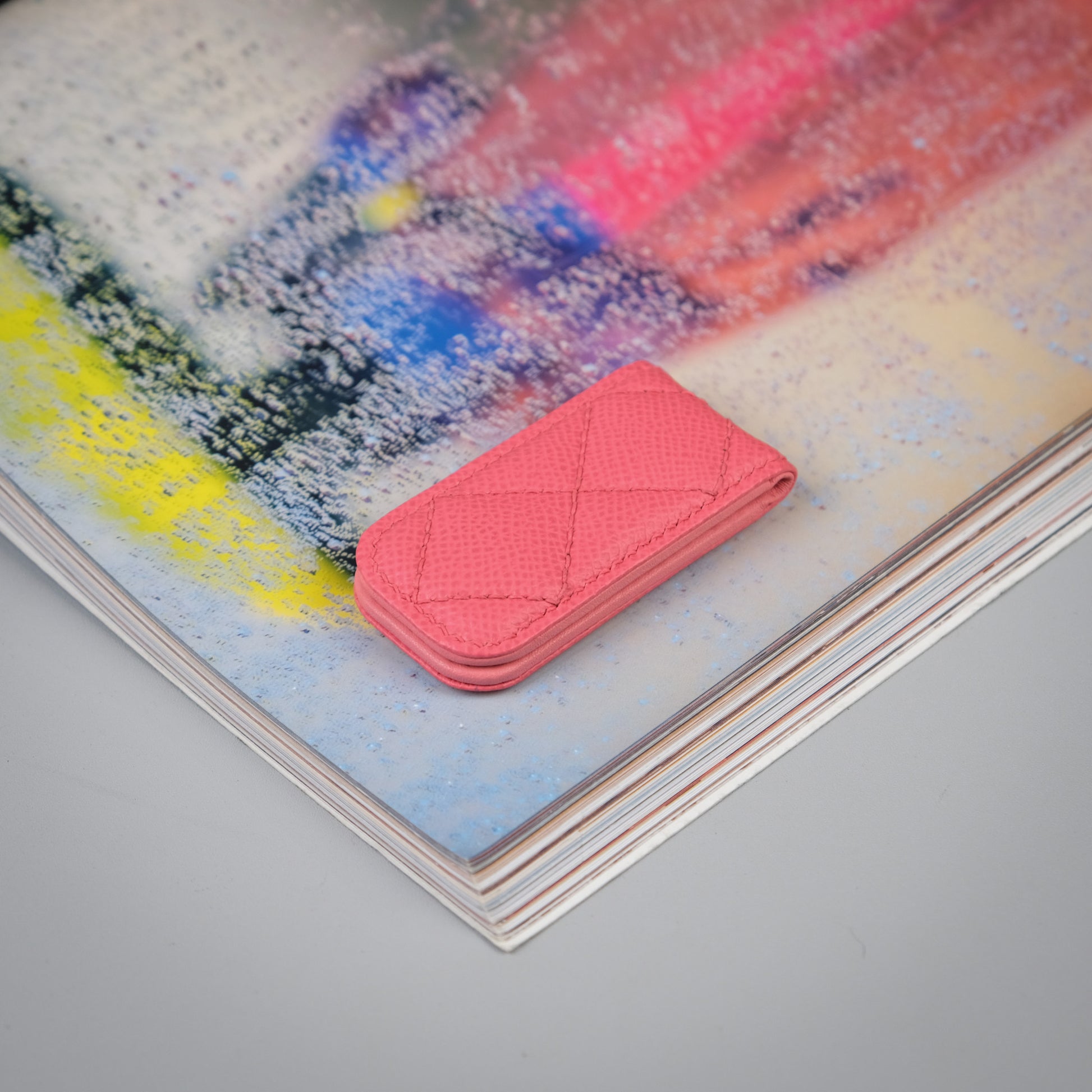 Quilted Leather Money Clip - Coral Pink Epsom Calfskin