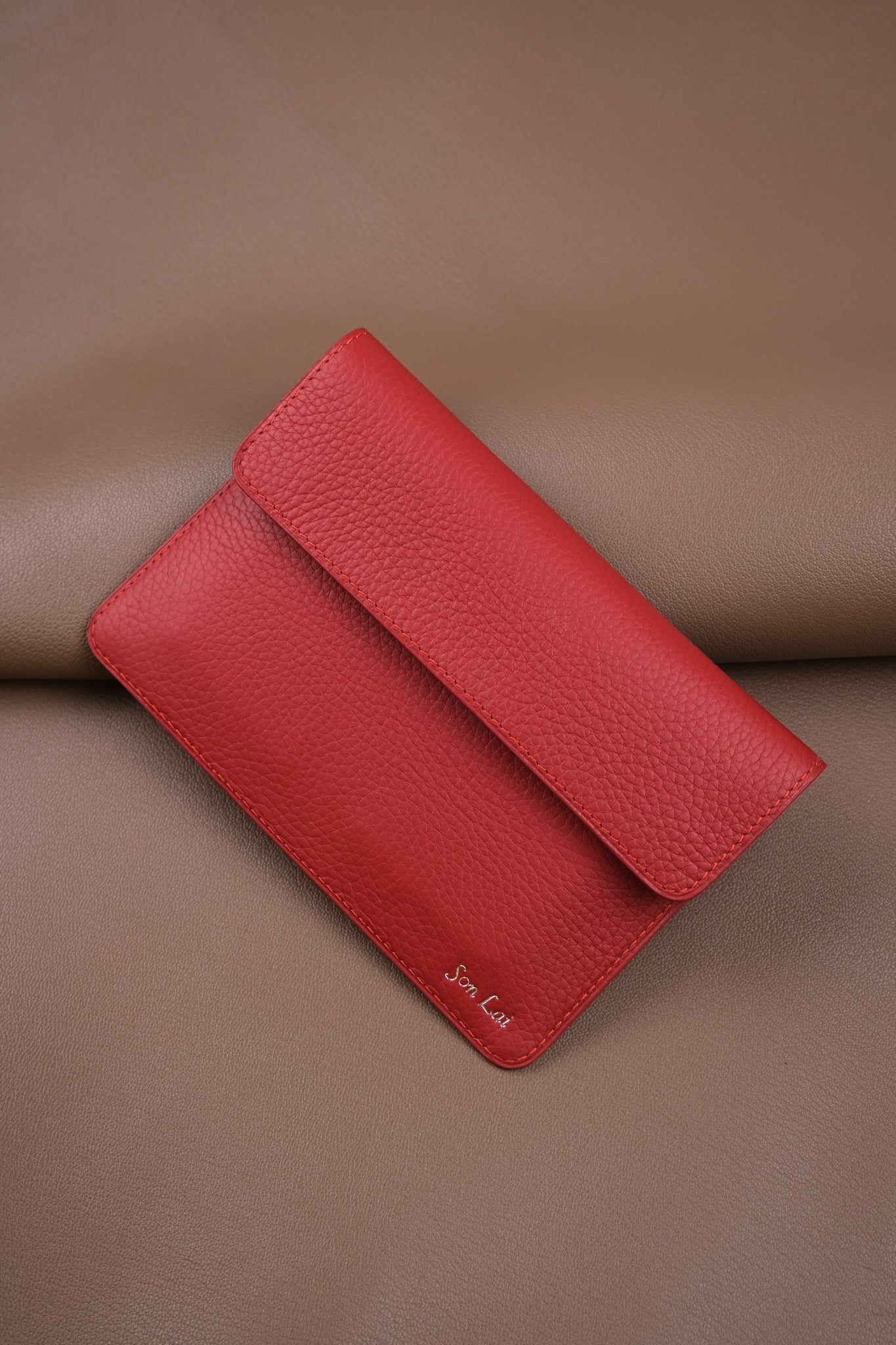 Red Pebbled Leather Travel Document Wallet with Card Slots